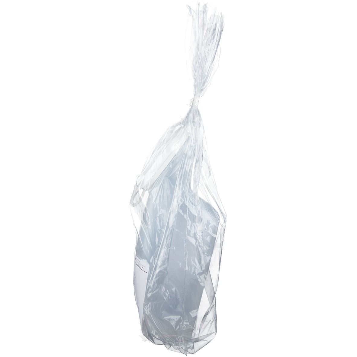 Durchsichtige Kunststoff-Urinflasche in transparenter Plastikverpackung, verknotet.