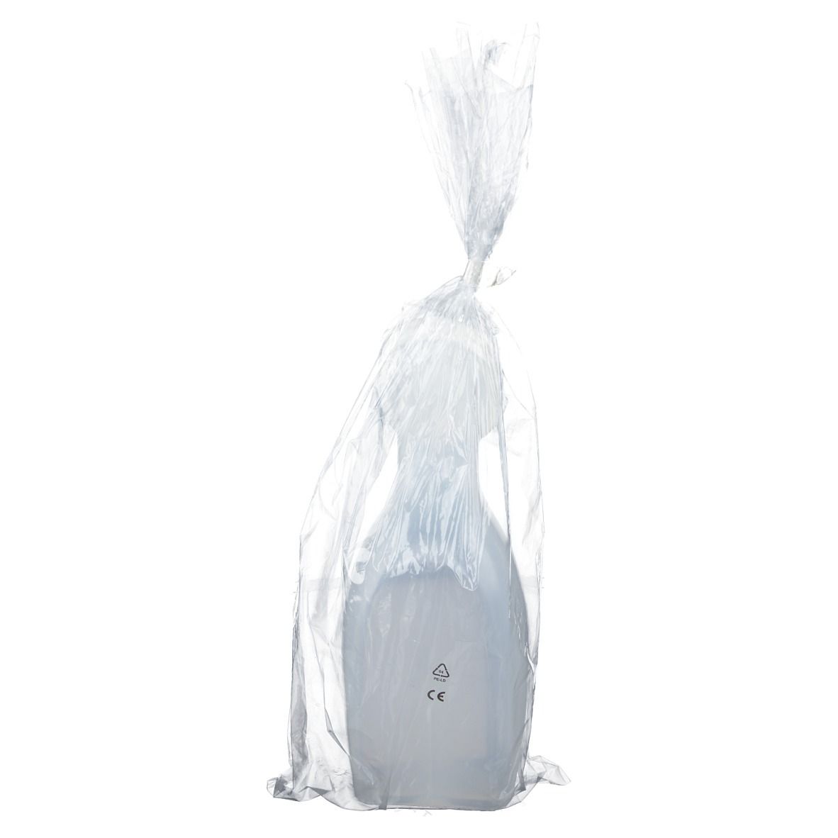 Urinflasche in transparenter Plastikverpackung. CE-Zeichen sichtbar. Produkt in Verpackung.