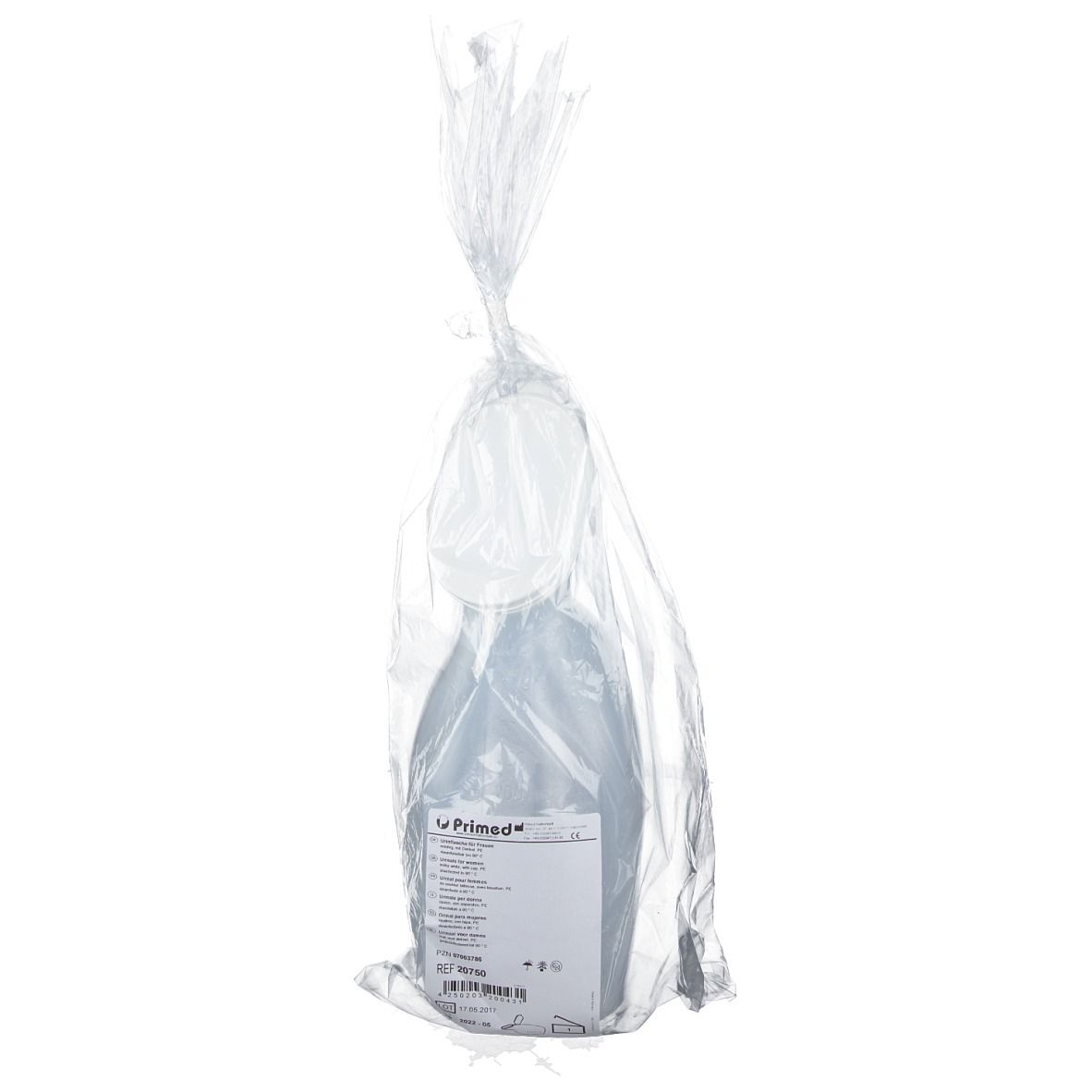 Urinflasche in transparenter Plastikverpackung. Etikett mit Produktinformationen sichtbar.