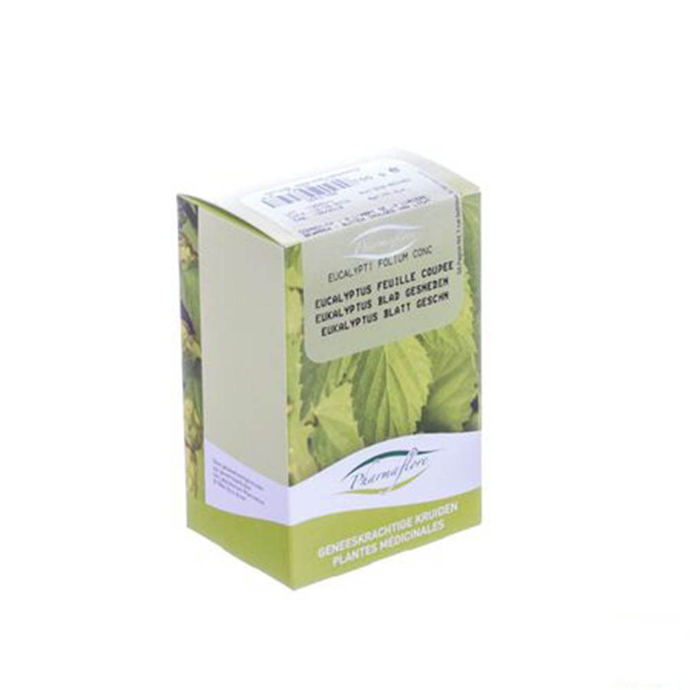 Boîte avec logo Pharmaflore. Nom du produit en allemand, français, néerlandais. Illustration de plantes.