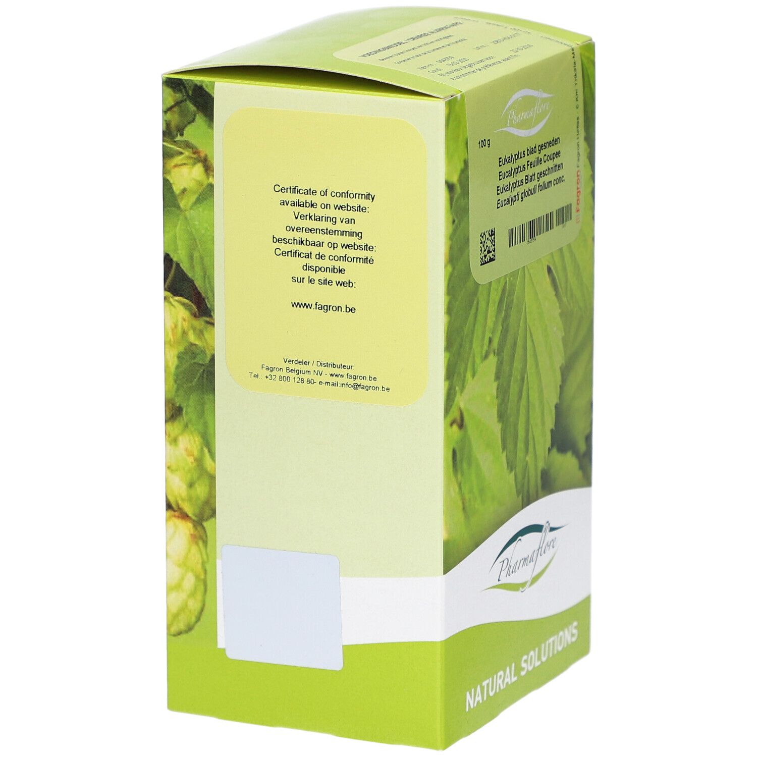 Grüne Schachtel, Seitenansicht. Text über Konformitätszertifikat. Pharmaflore-Logo. Hintergrund mit Blättern.