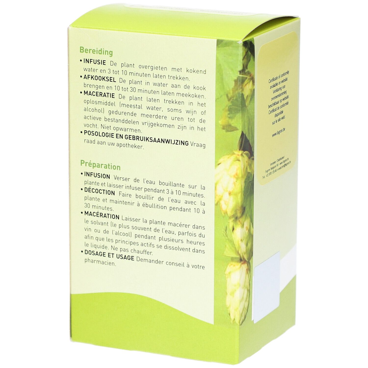 Grüne Schachtel, Rückseite mit Zubereitungshinweisen in Niederländisch und Französisch. Hopfen-Illustration.