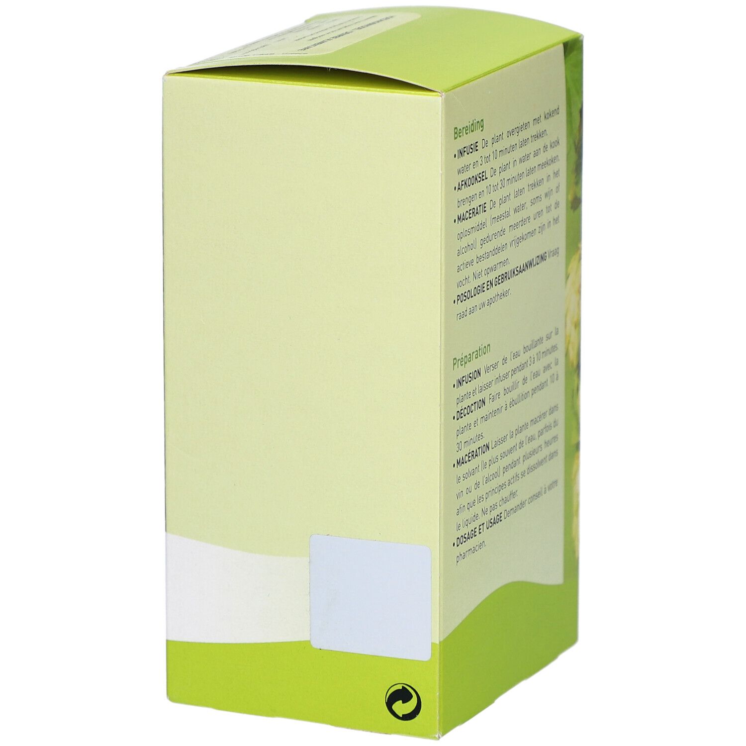 Grüne Schachtel, Rückseite mit Text in Niederländisch und Französisch. Recycling-Symbol. Leere weiße Fläche.