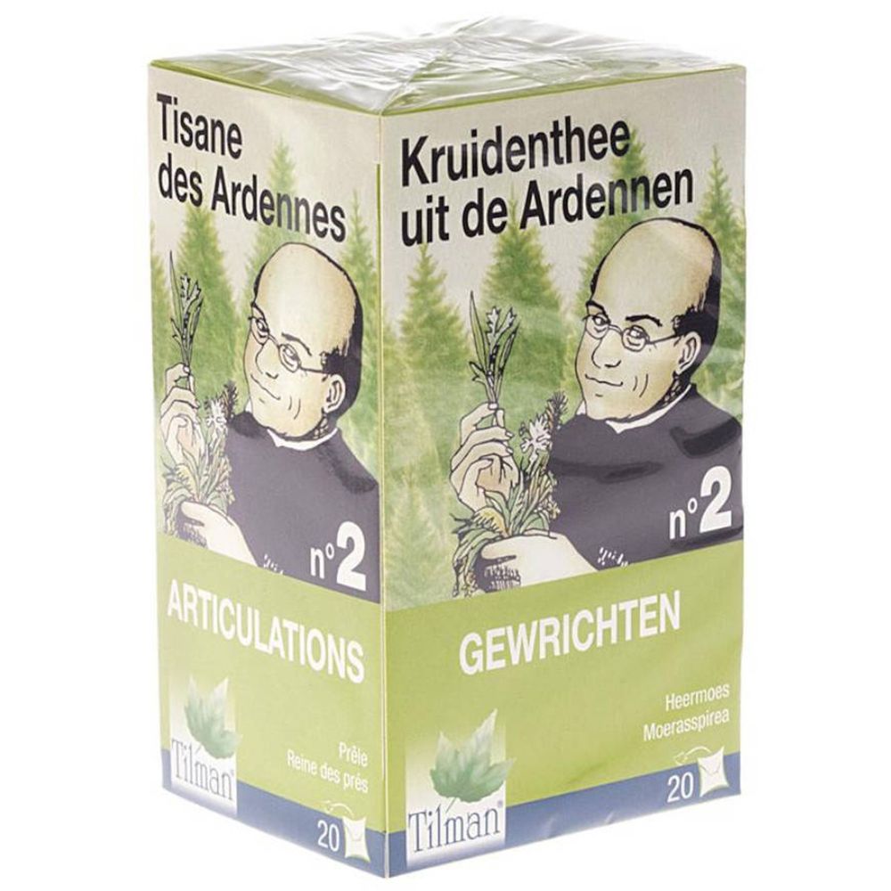 Boîte de tisane des Ardennes. Inscription : Articulations. Illustration d'un homme tenant des herbes. Marque Tilman.