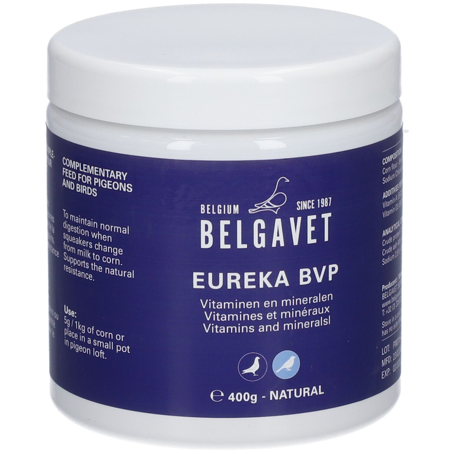 Belgavet Eureka BVP: 400g Dose mit Vitaminen und Mineralien für Tauben und Vögel.