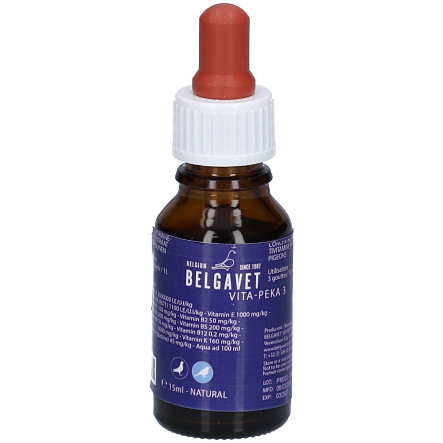 Braune Glasflasche mit weißem Deckel und roter Pipette. Blaue Etikett mit Text: BELGAVET VITA-PEKA 3. Für Tauben.