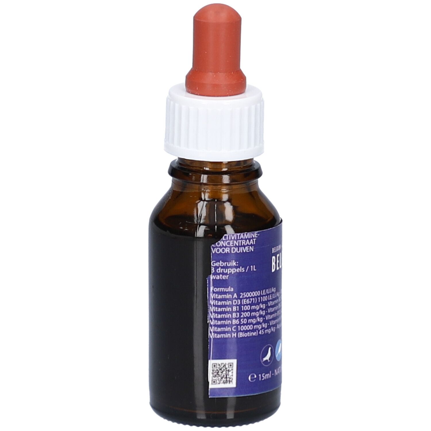 Braune Glasflasche mit weißem Deckel und roter Pipette. Blaues Etikett mit Text und QR-Code. Für Tauben.