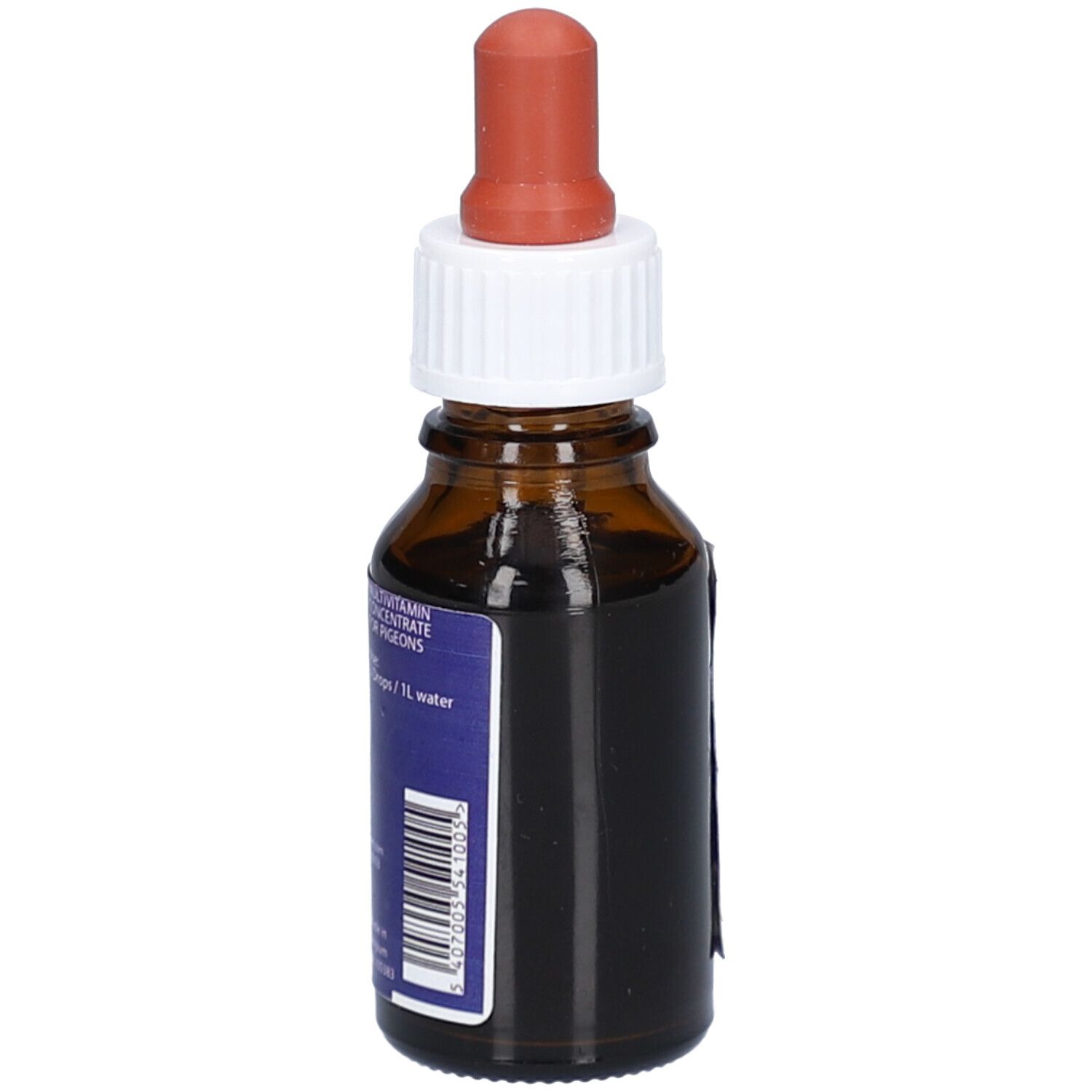 Braune Glasflasche mit weißem Deckel und roter Pipette. Blaues Etikett mit Text und Barcode. Für Tauben.