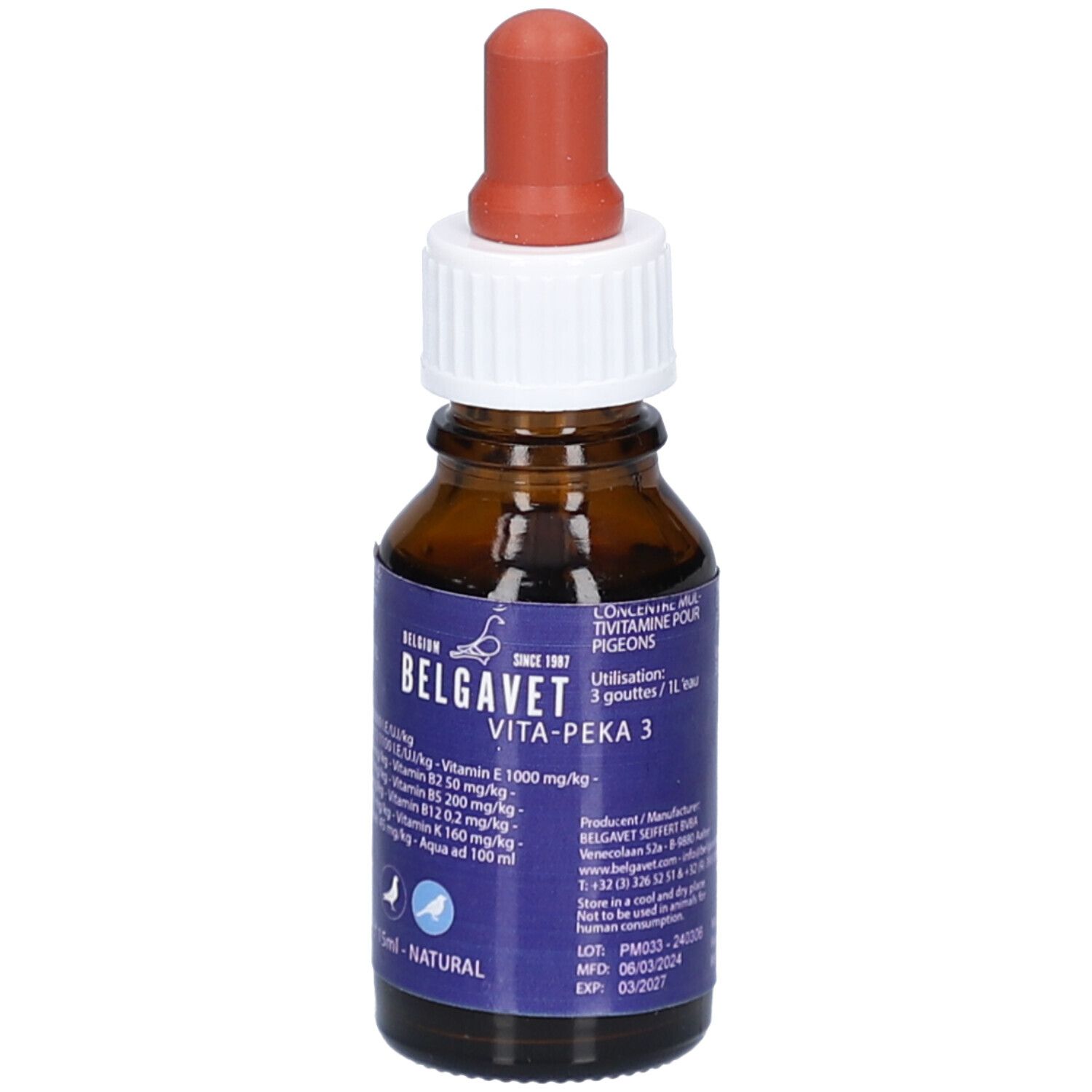 Braune Glasflasche mit weißem Deckel und roter Pipette. Blaues Etikett mit Text: BELGAVET VITA-PEKA 3. Für Tauben.
