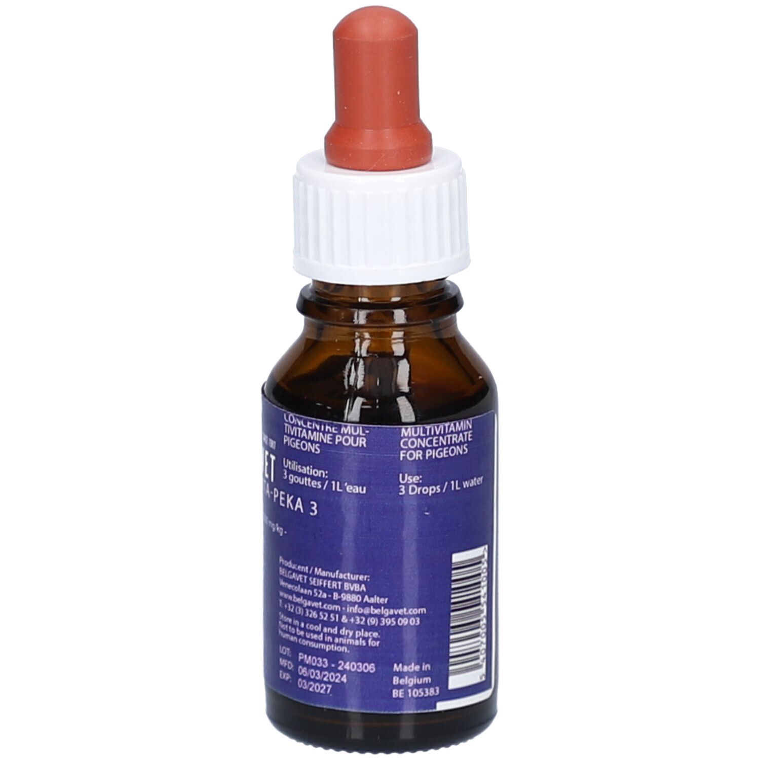 Braune Glasflasche mit weißem Deckel und roter Pipette. Blaues Etikett mit Text: VITA-PEKA 3. Für Tauben.