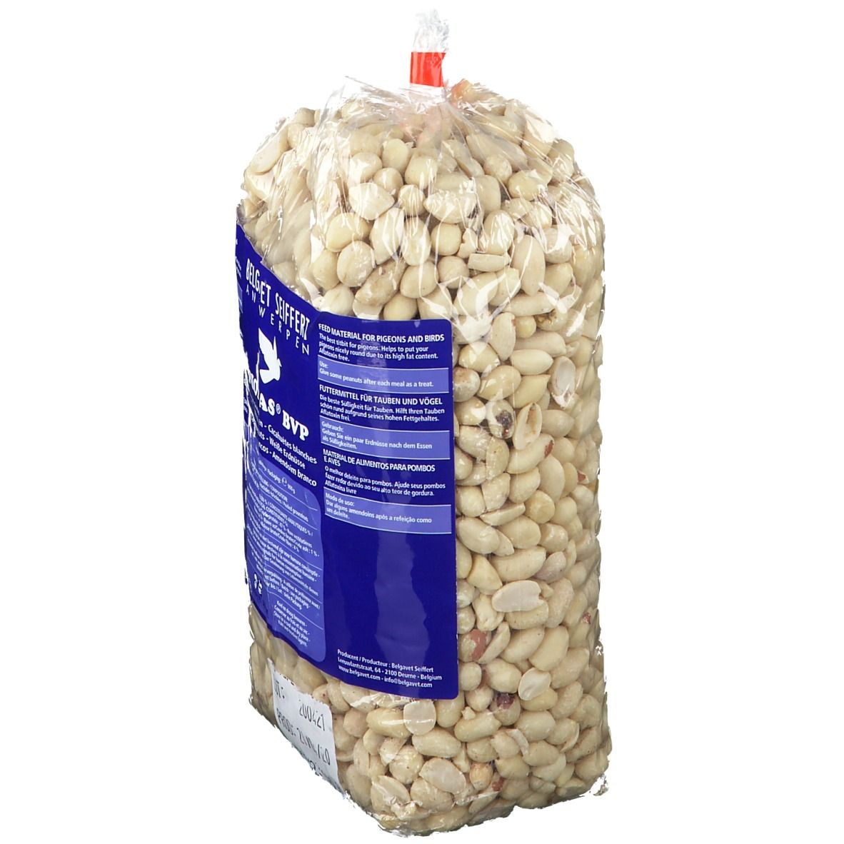 Sac transparent de Pionas Pindas Pigeons. Inscription: Belgavet Seiffert Antwerpen. Contient des cacahuètes blanches.