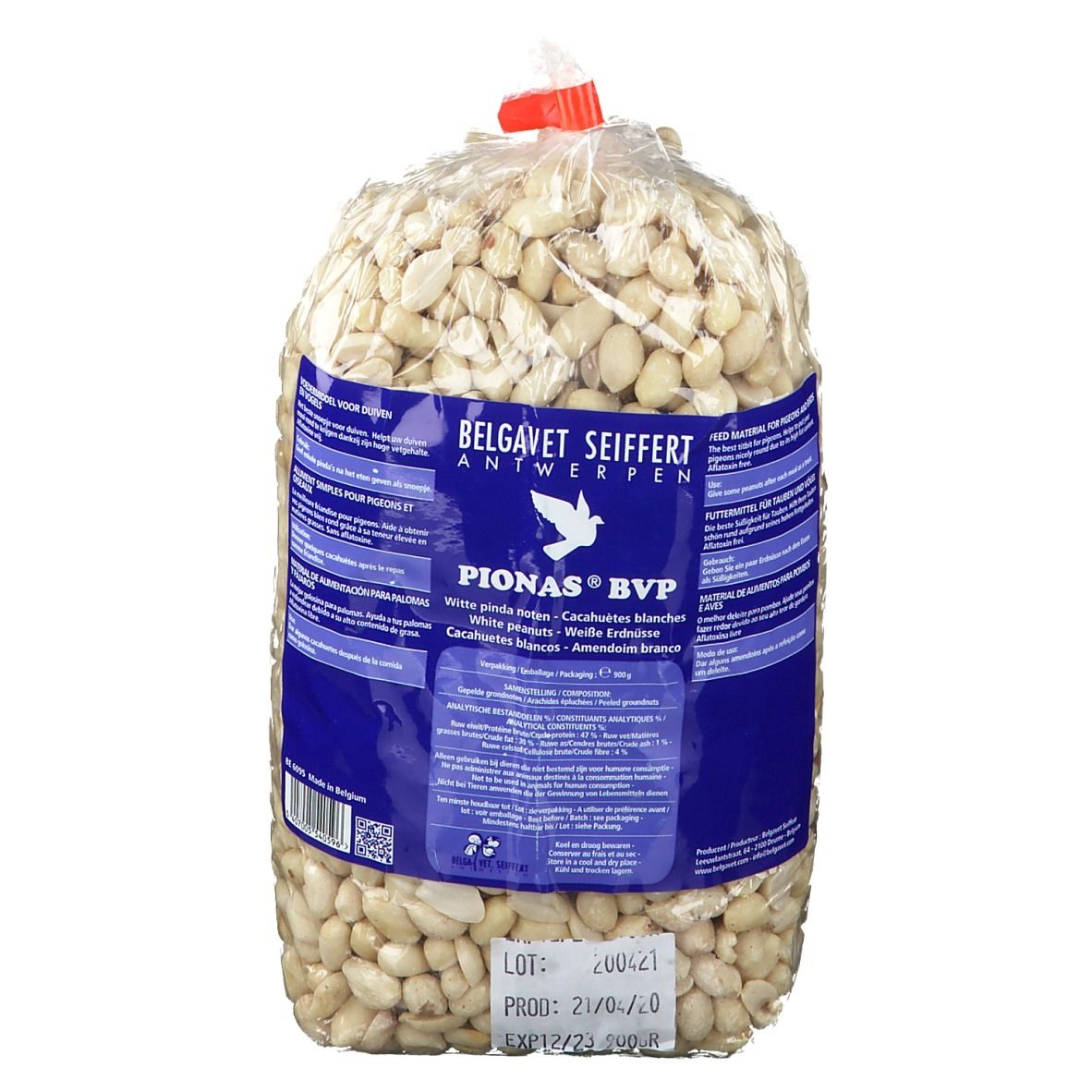 Sac transparent de Pionas Pindas Pigeons. Inscription: Belgavet Seiffert Antwerpen. Contient des cacahuètes blanches.