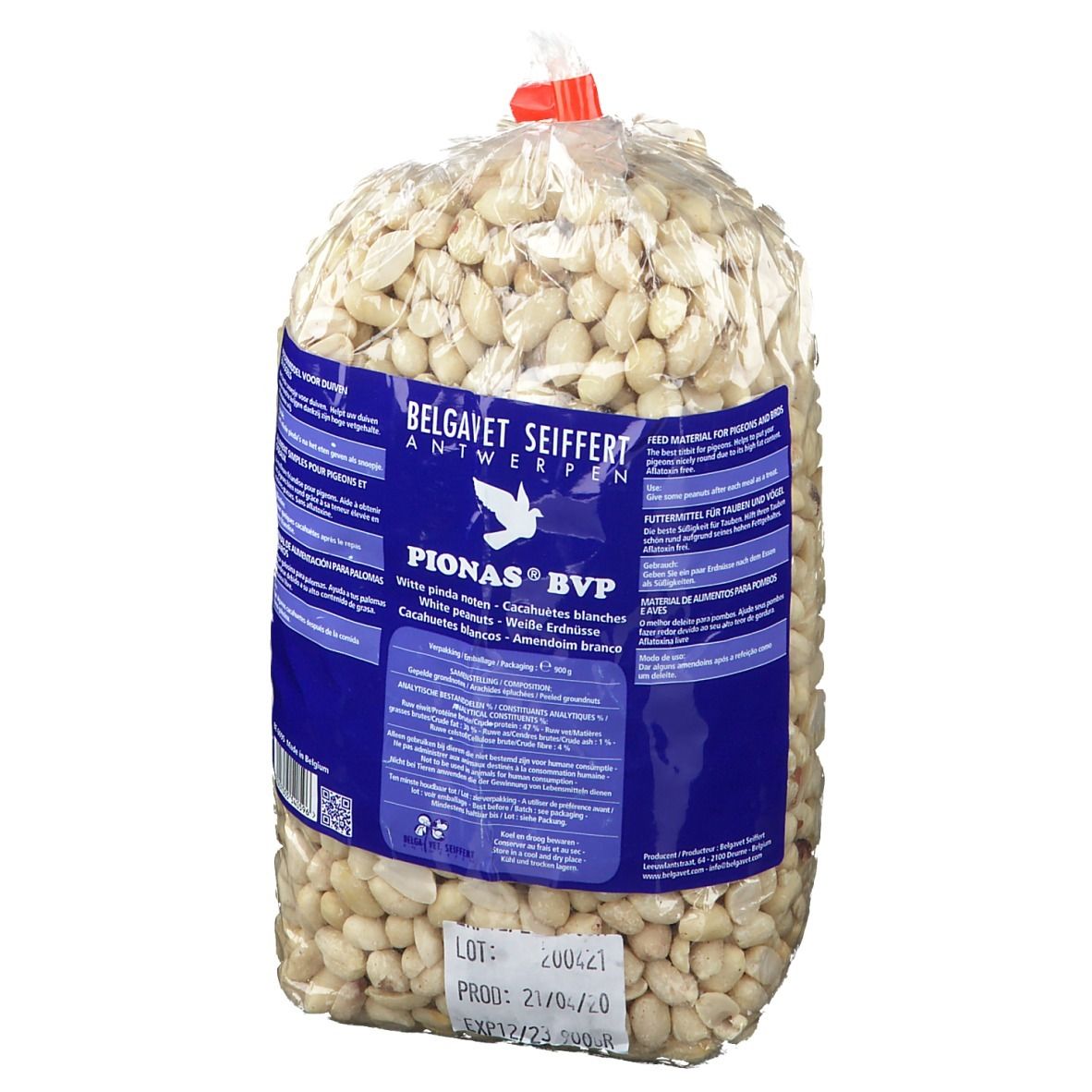 Sac transparent de Pionas Pindas Pigeons. Inscription: Belgavet Seiffert Antwerpen. Contient des cacahuètes blanches.