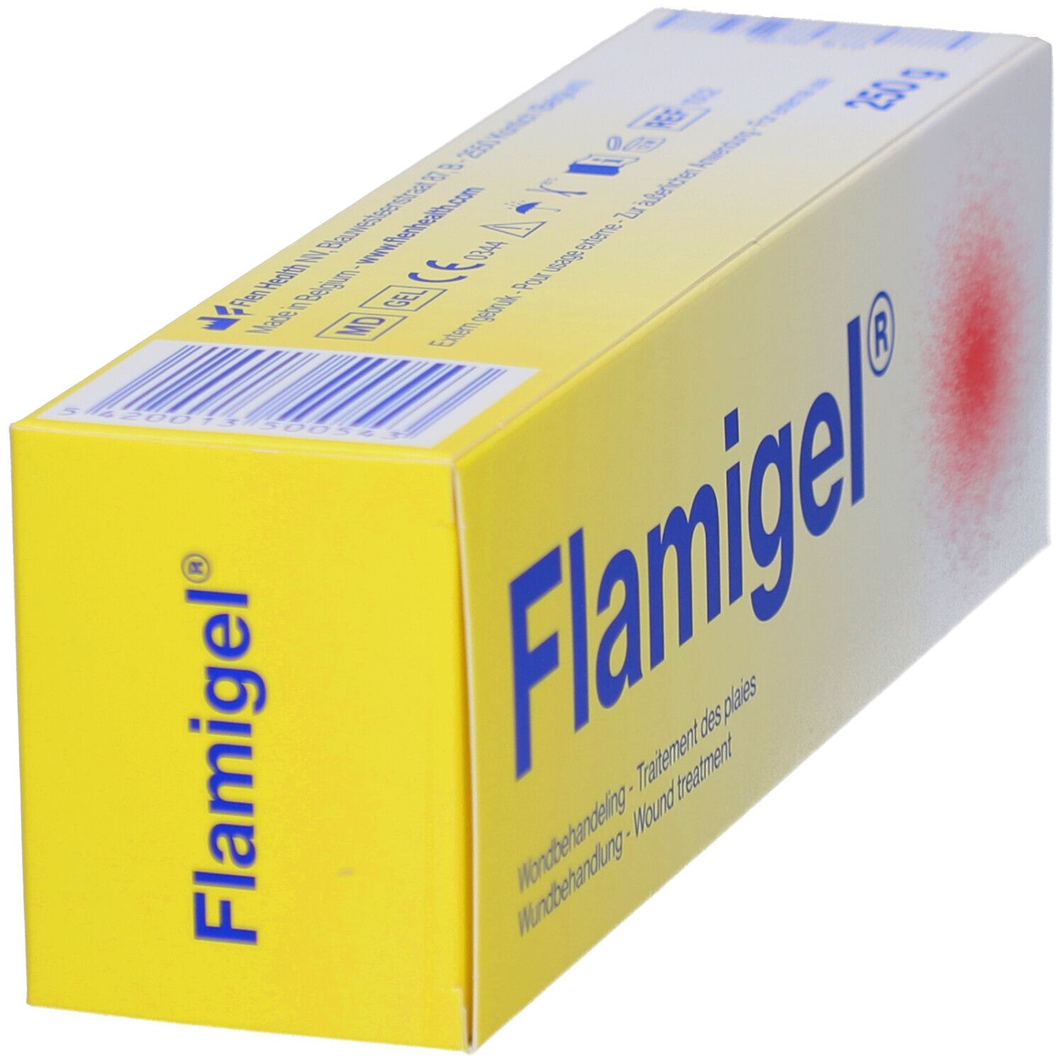 Tube mit Flamigel®. Text: Einfach anzuwenden, parfümfrei, fleckenfrei. Mit CE-Kennzeichnung.