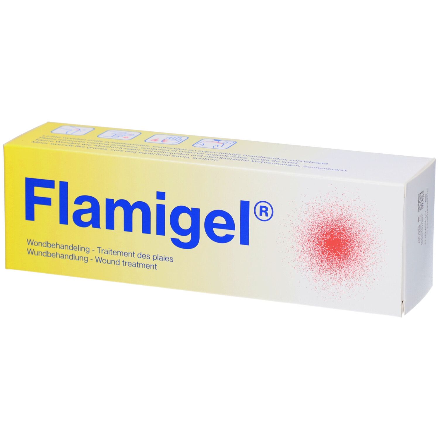 Tube mit Flamigel®. Frage: Kleine Schnittwunde? Finger mit Pflaster und Wunde.
