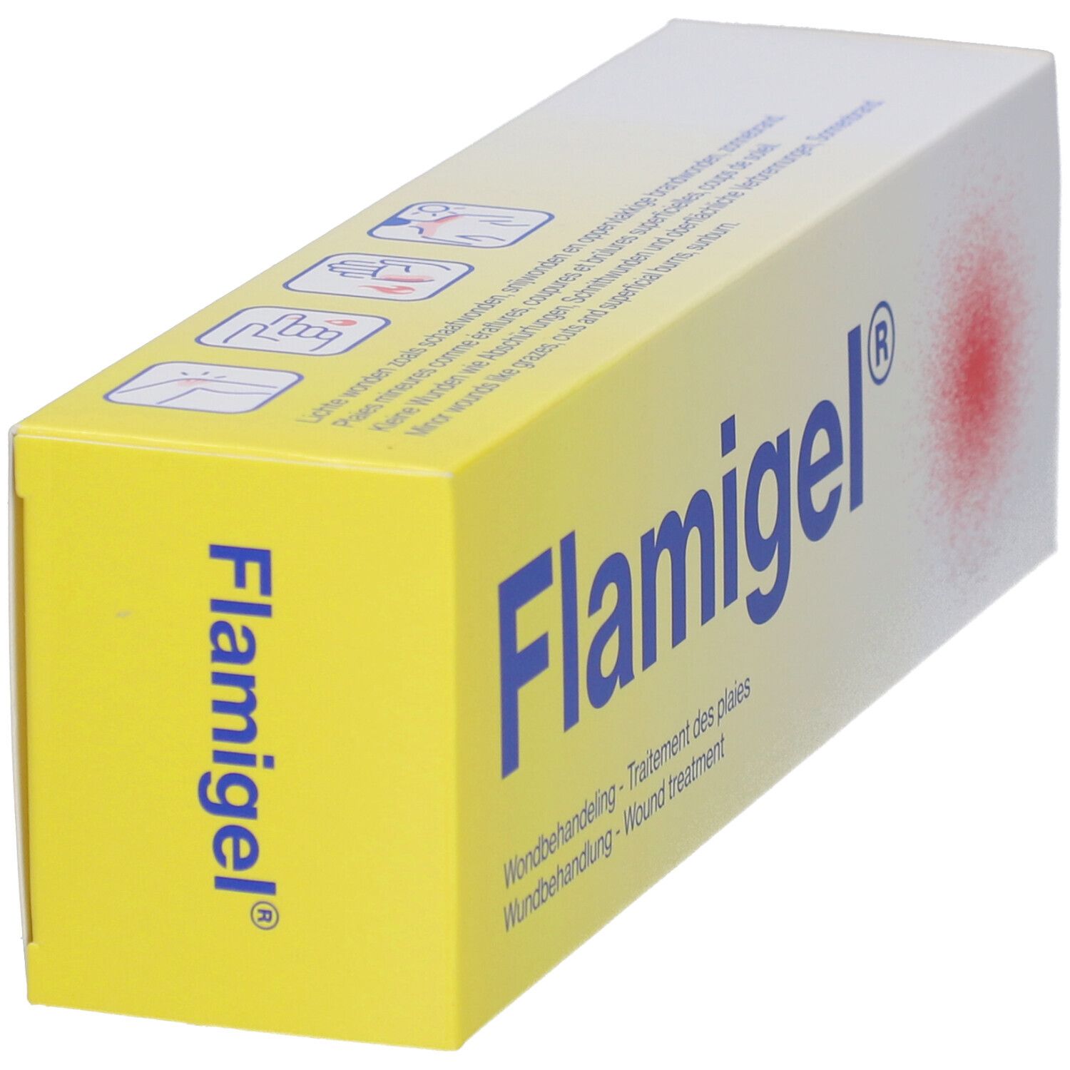 Tube mit Flamigel®. Frage: Schürfwunde? Knie mit Schürfwunde.