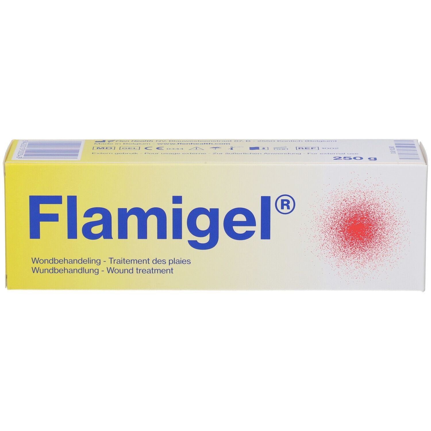 Tube mit Flamigel®. Frage: Beschädigte Haut? Bein mit Rasierwunden.
