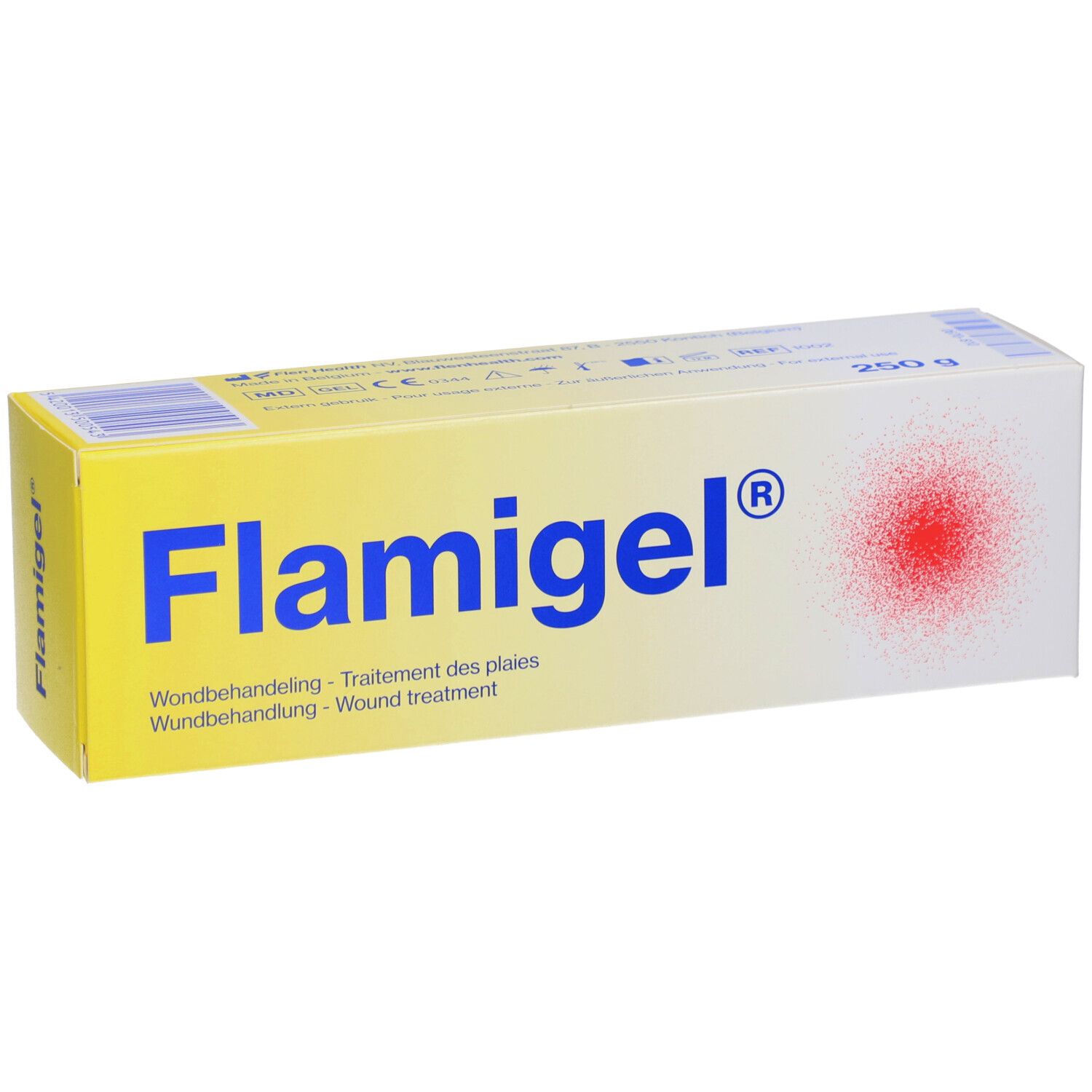 Tube mit Flamigel®. Frage: Post-Laser-Therapie? Bein mit Laserbehandlung.