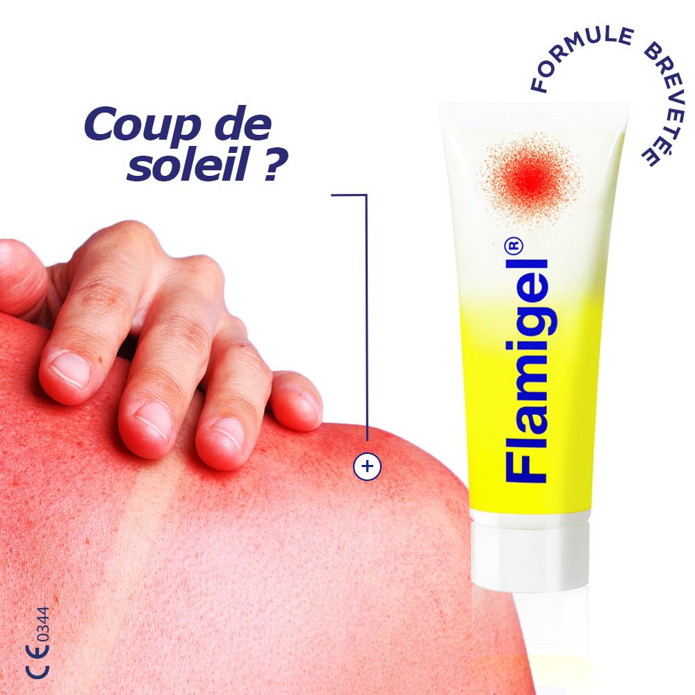 Personne avec coup de soleil. Tube Flamigel® à côté.