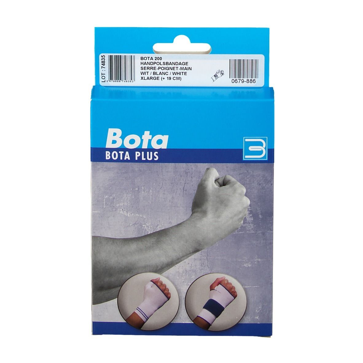 Boîte bleue BOTA PLUS. Bandage poignet XL. Illustration du produit et logo. Informations.