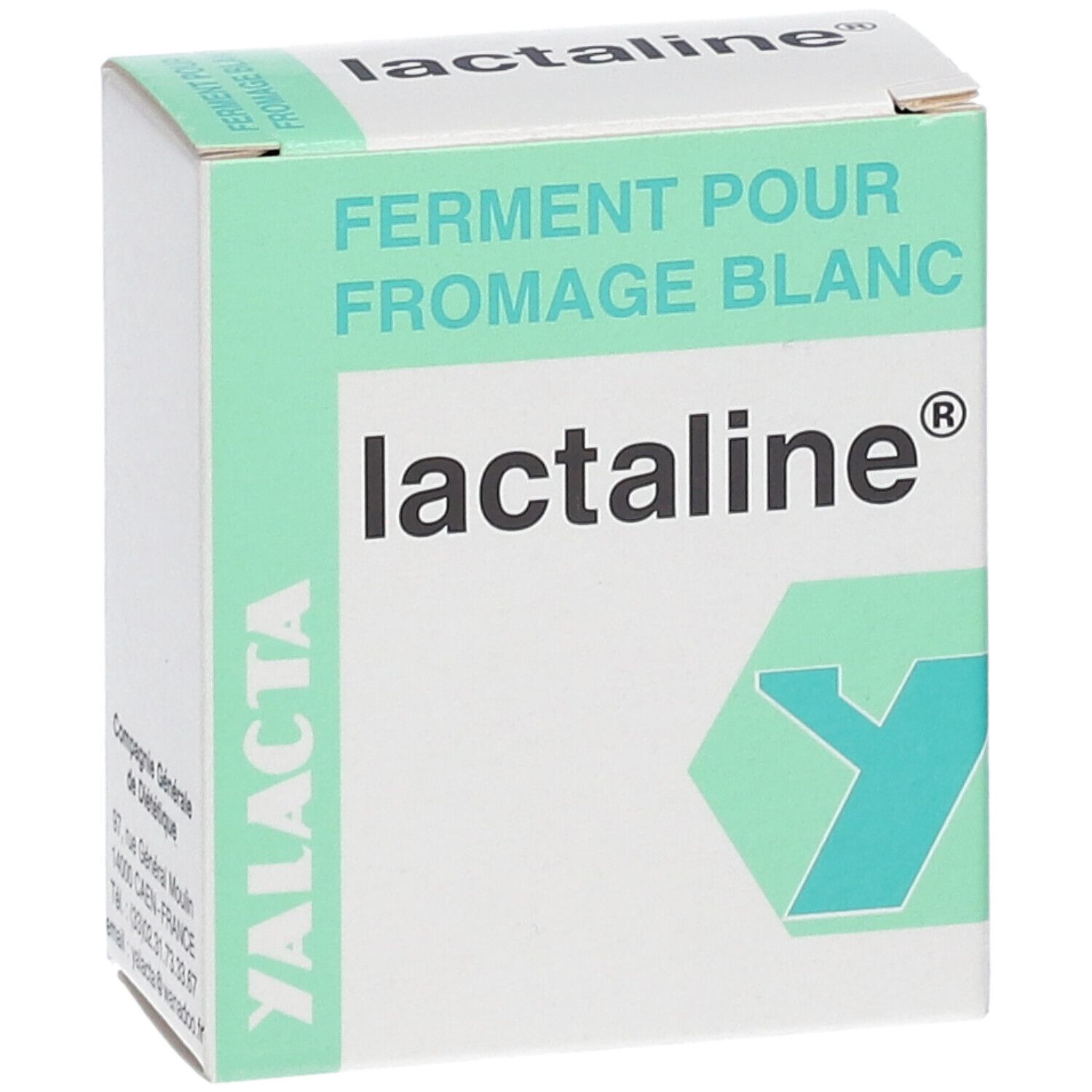 Kartonverpackung von YALACTA lactaline®. Aufschrift: FERMENT POUR FROMAGE BLANC. Logo: grünes Y. Text: lactaline®.