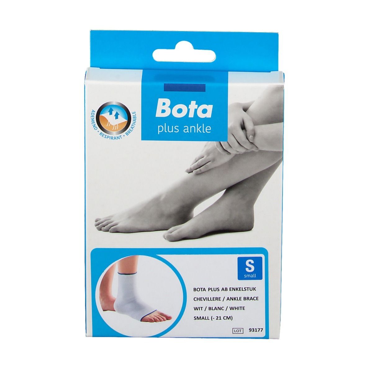 Boîte de l'attelle de cheville BOTA PLUS AB, taille S. Blanche avec accents bleus. Illustration du produit et d'une jambe.