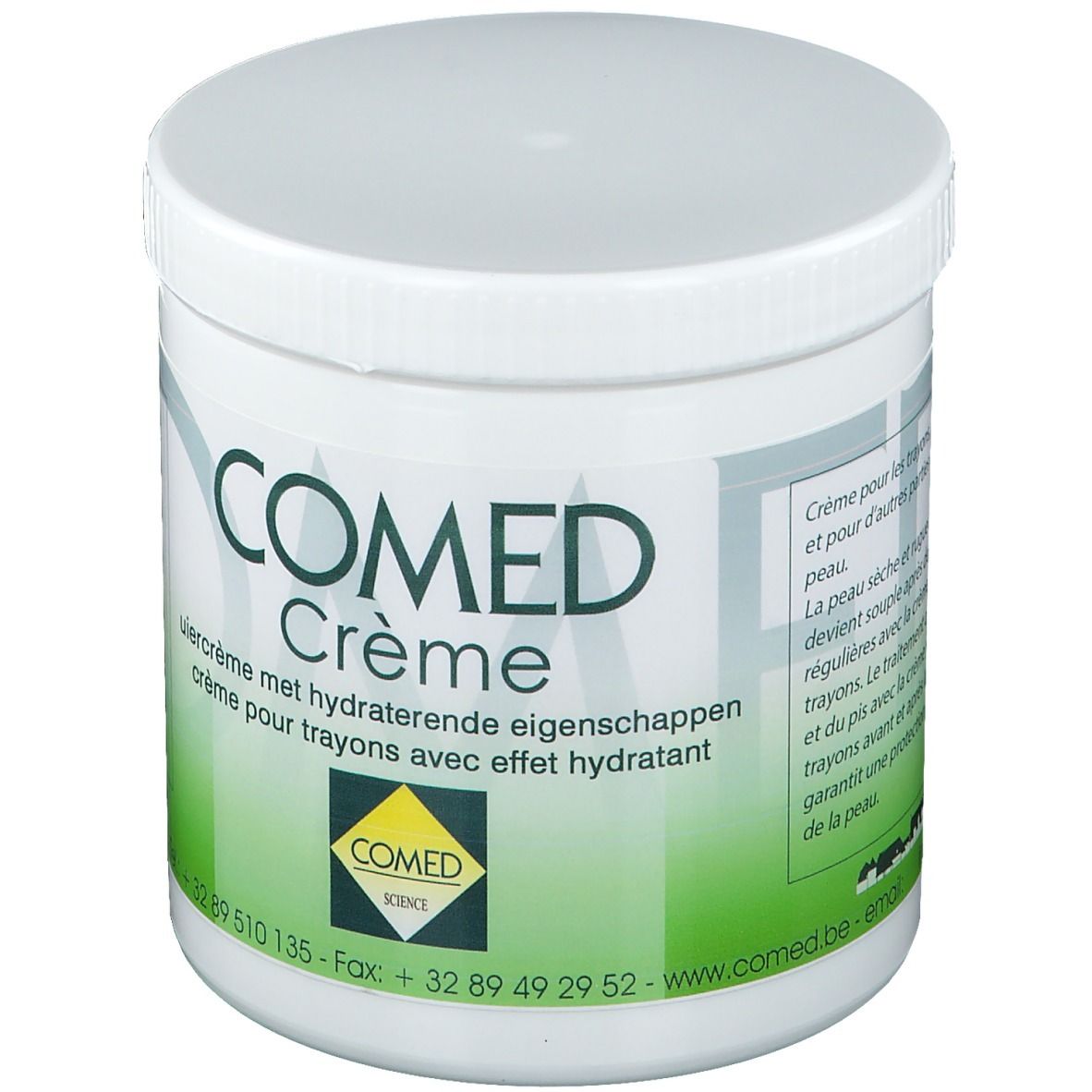 Weißer Tiegel mit Deckel. Aufschrift COMED Crème. Grünes Etikett mit Produktinformationen und Logo.