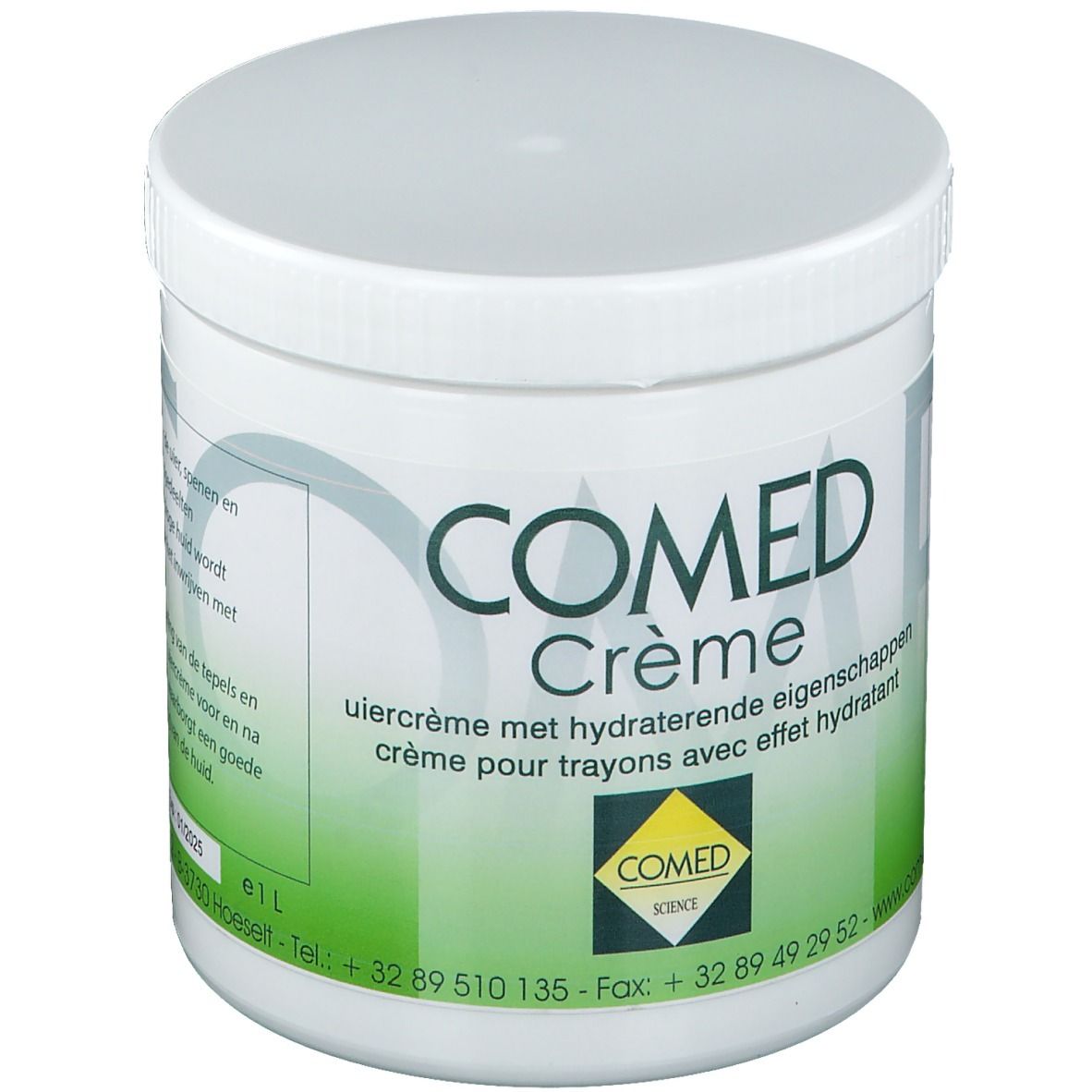 Weißer Tiegel mit Deckel. Aufschrift COMED Crème. Grünes Etikett mit Produktinformationen und Logo.