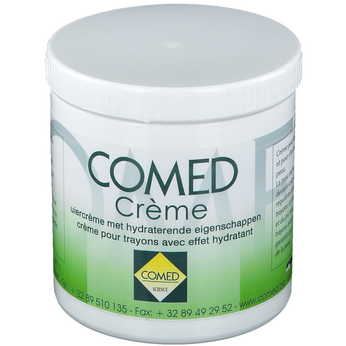 Weißer Tiegel mit Deckel. Aufschrift COMED Crème. Grün-weiße Etikett mit Produktinformationen und Logo.
