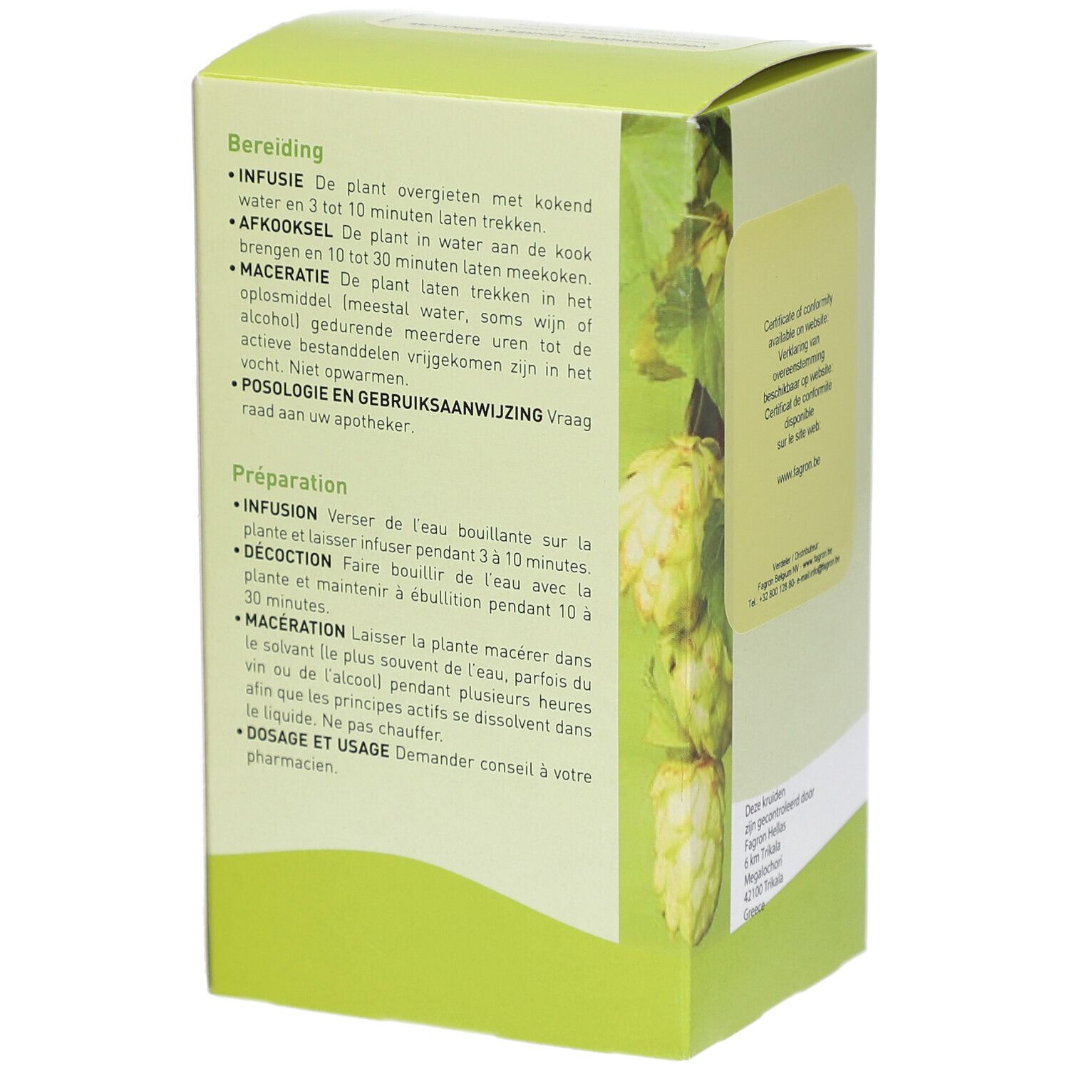 Rückseite der Pharmaflore-Verpackung. Text: Zubereitung, Dosierung. Illustration von Hopfen.