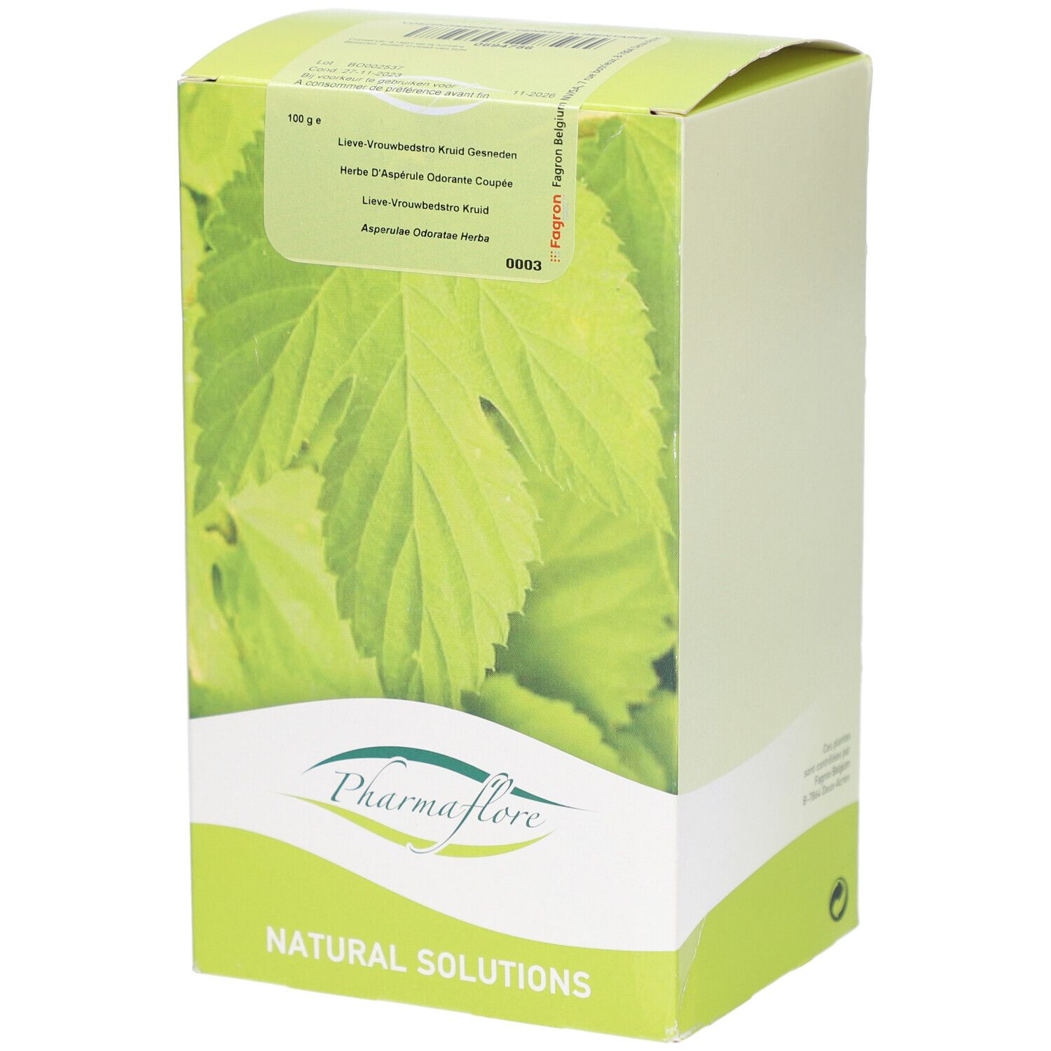 Verpackung von Pharmaflore. Grün-weiß, mit Blättern. Text: Pharmaflore, Natural Solutions. Enthält 100 g.