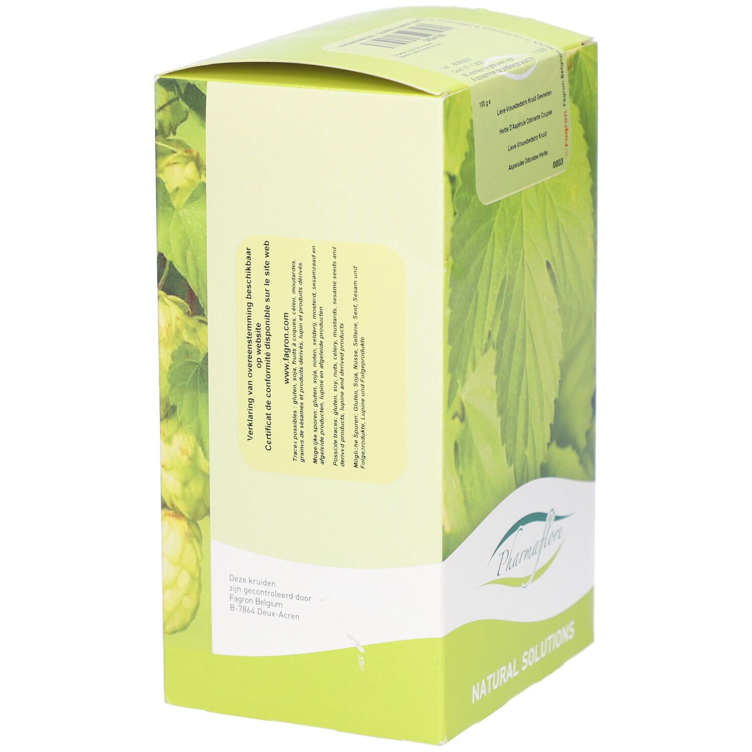 Rückseite der Pharmaflore-Verpackung. Grün-weiß, mit Blättern. Text und Informationen zur Verwendung.