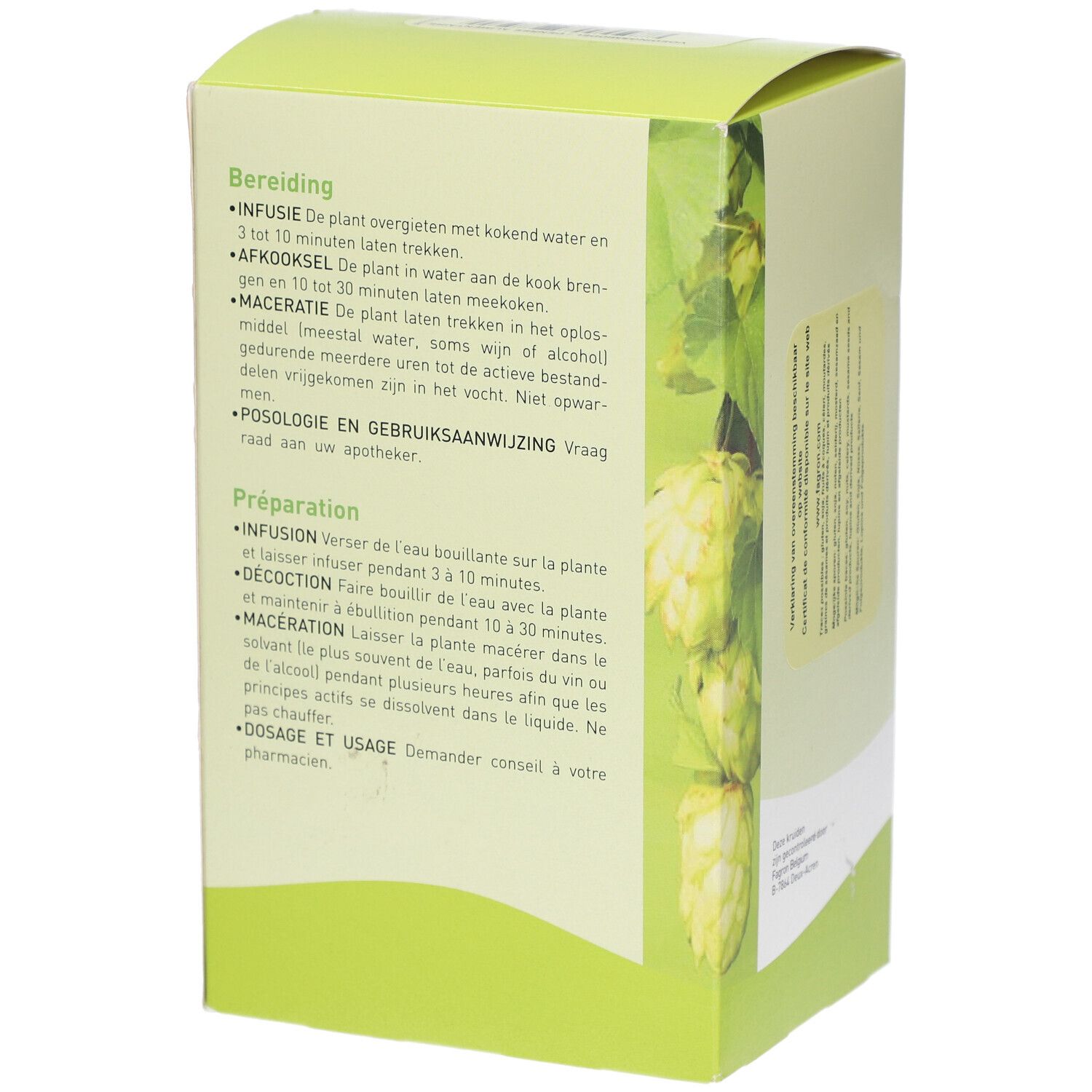 Seite der Pharmaflore-Verpackung. Grün-weiß, mit Blättern. Text: Zubereitung, Dosierung und Gebrauch.