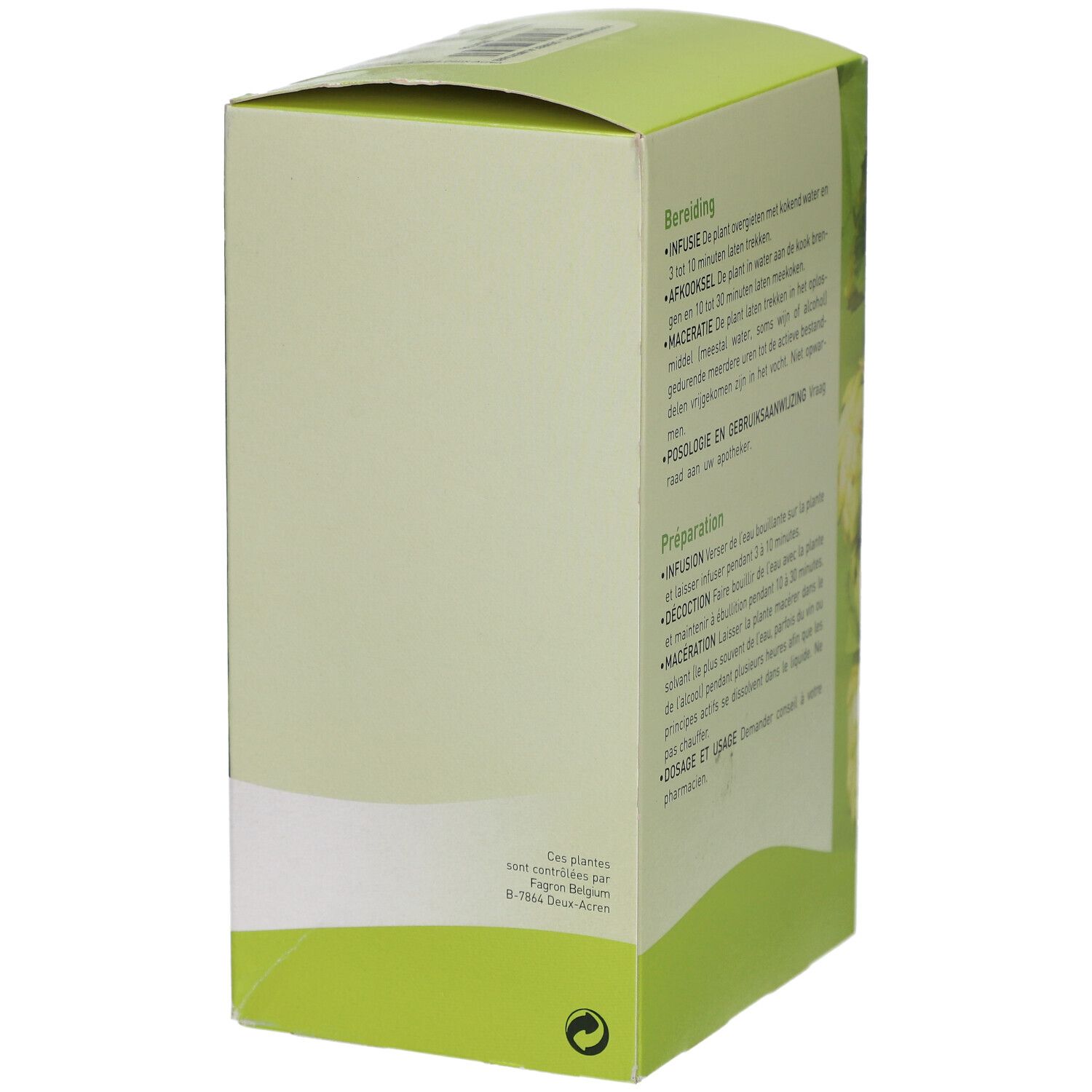 Seite der Pharmaflore-Verpackung. Grün-weiß, mit Blättern. Text: Zubereitung, Dosierung und Gebrauch.