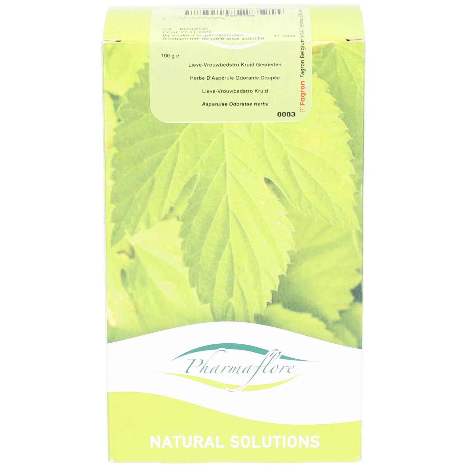 Verpackung von Pharmaflore. Grün-weiß, mit Blättern. Text: Pharmaflore, Natural Solutions. Enthält 100 g.