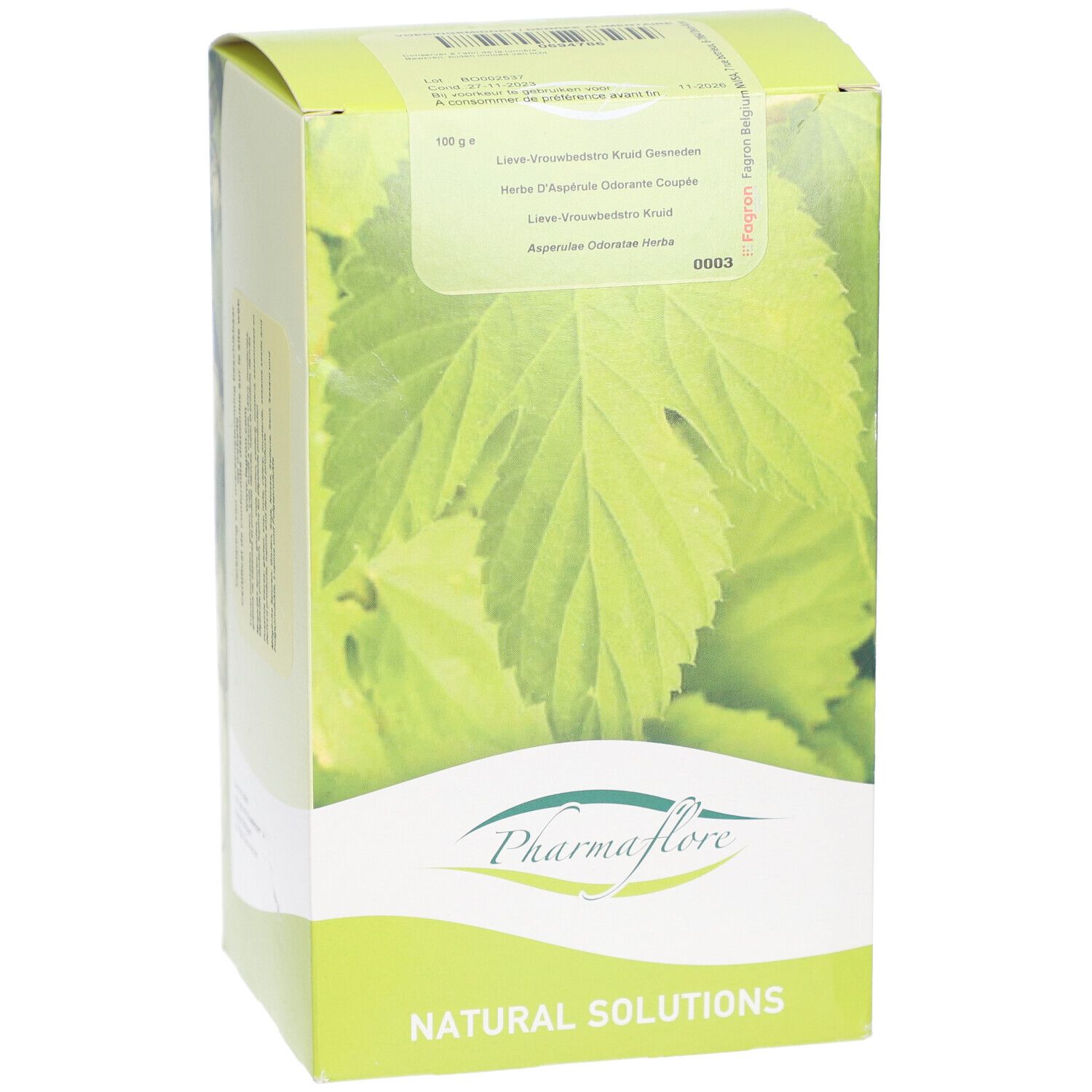 Verpackung von Pharmaflore. Grün-weiß, mit Blättern. Text: Pharmaflore, Natural Solutions. Enthält 100 g.