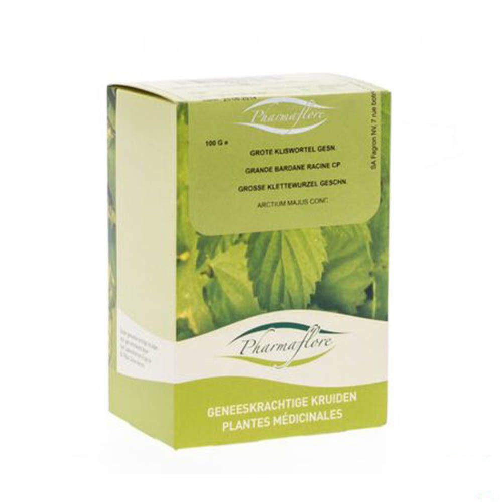 Boîte Pharmaflore. Inscription: Bardane (Grande) Racine Coupée. Design vert et blanc avec des feuilles.