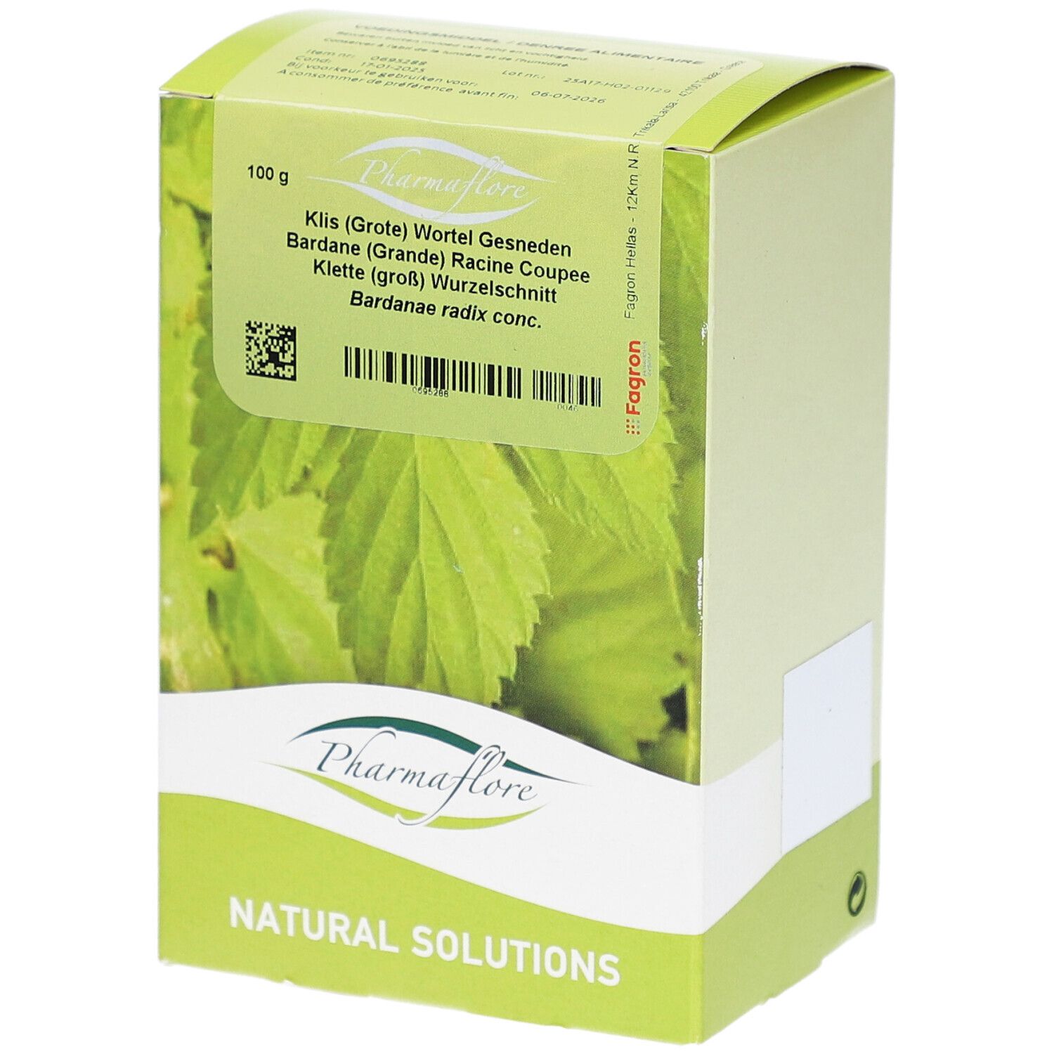 Karton mit Pharmaflore. Aufschrift: Klette (groß) Wurzelgeschnitten. 100 g. Grün-weißes Design mit Blättern.
