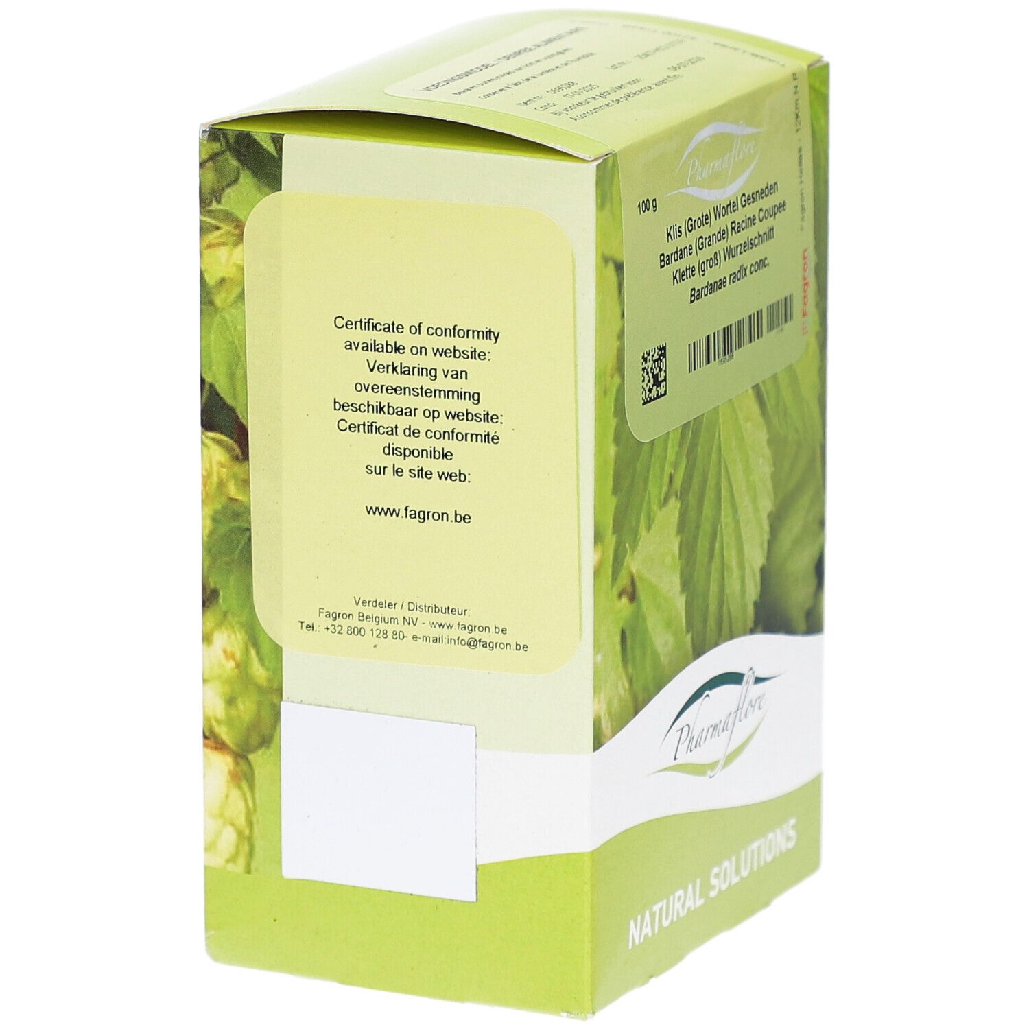 Karton Pharmaflore, Seitenansicht. Text: Zertifikat auf Website verfügbar. Grün-weißes Design mit Blättern.