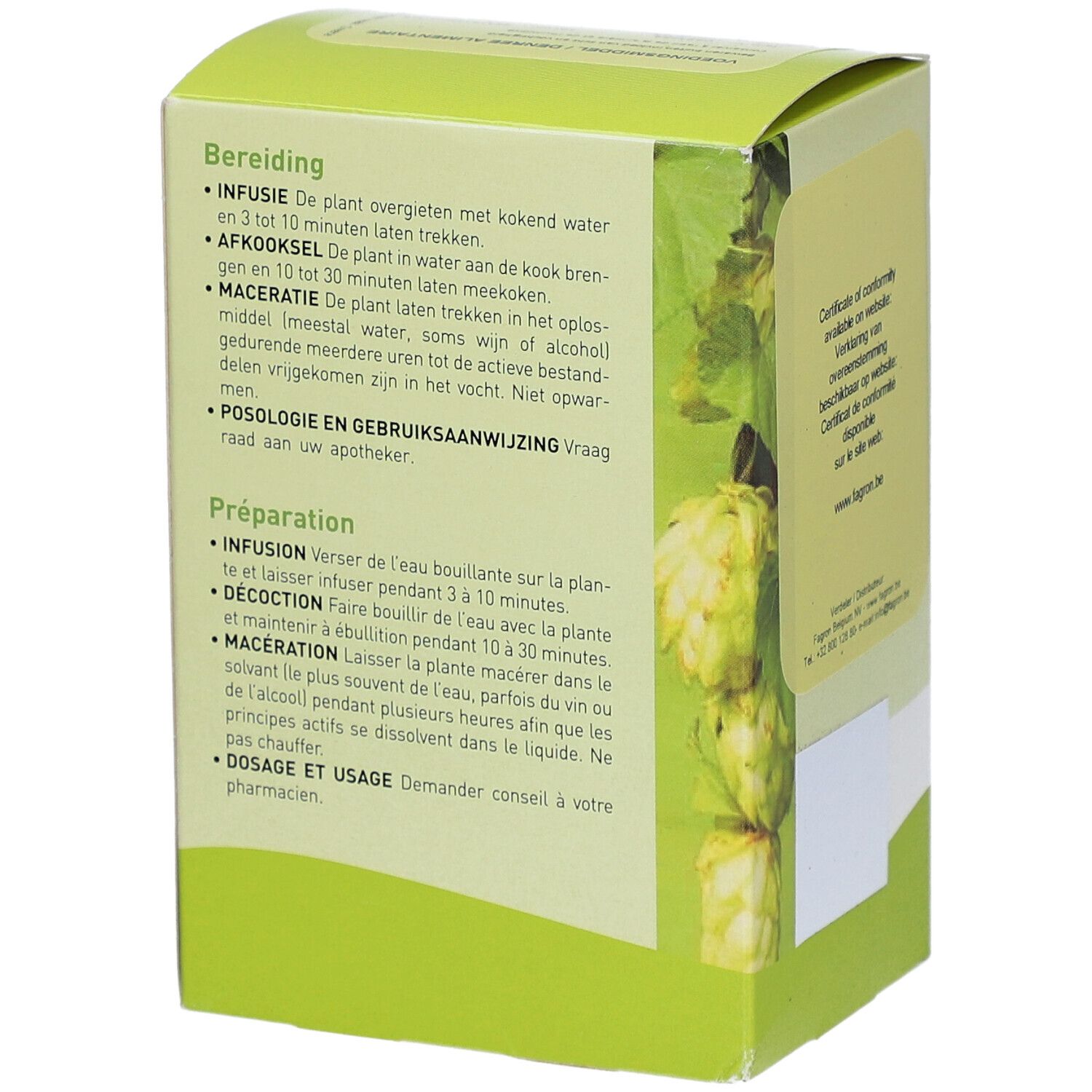 Rückseite der Pharmaflore-Box. Anweisungen auf Niederländisch und Französisch. Grün-weißes Design mit Blättern.