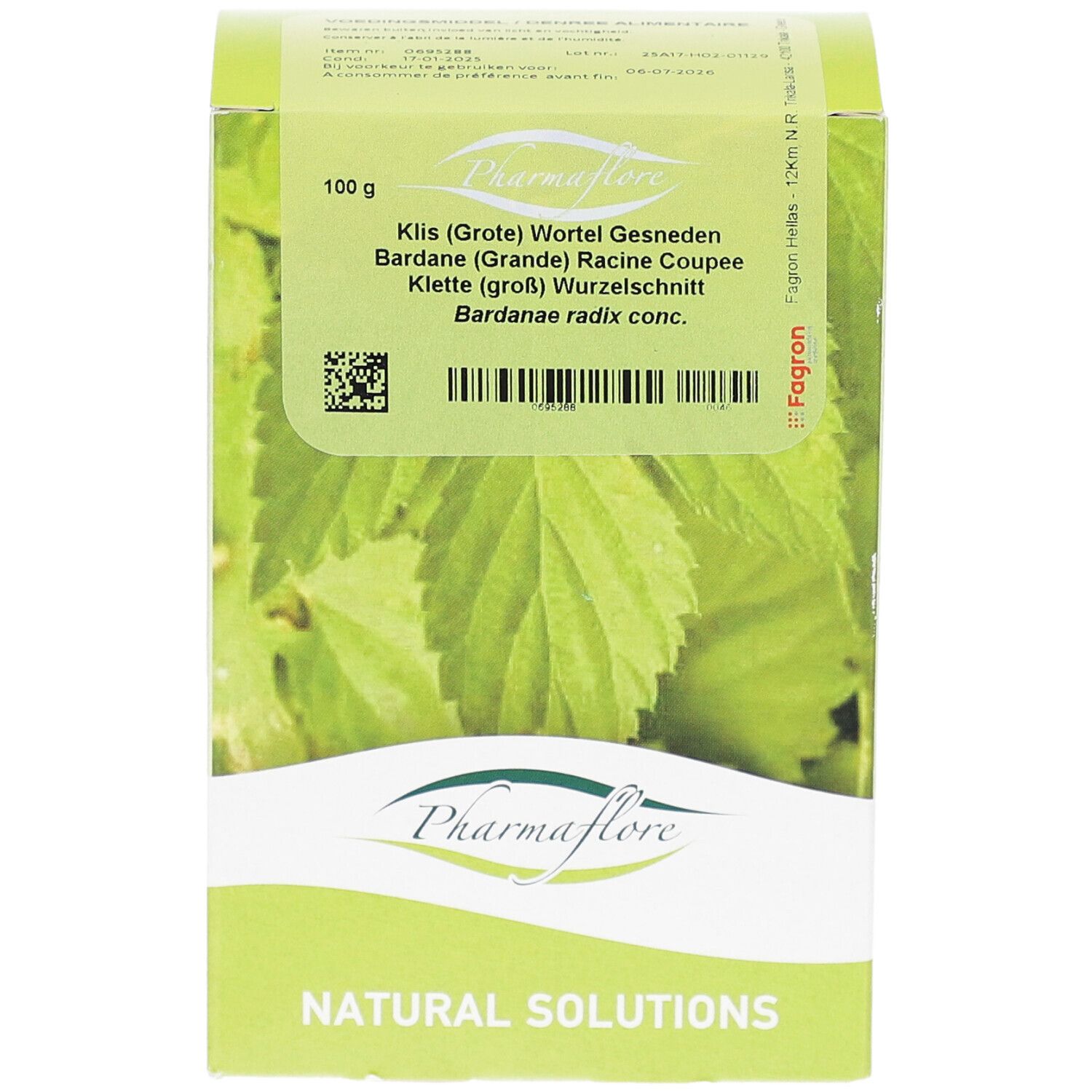 Pharmaflore-Box. Aufschrift: Klette (groß) Wurzelgeschnitten. 100 g. Grün-weißes Design mit Blättern.