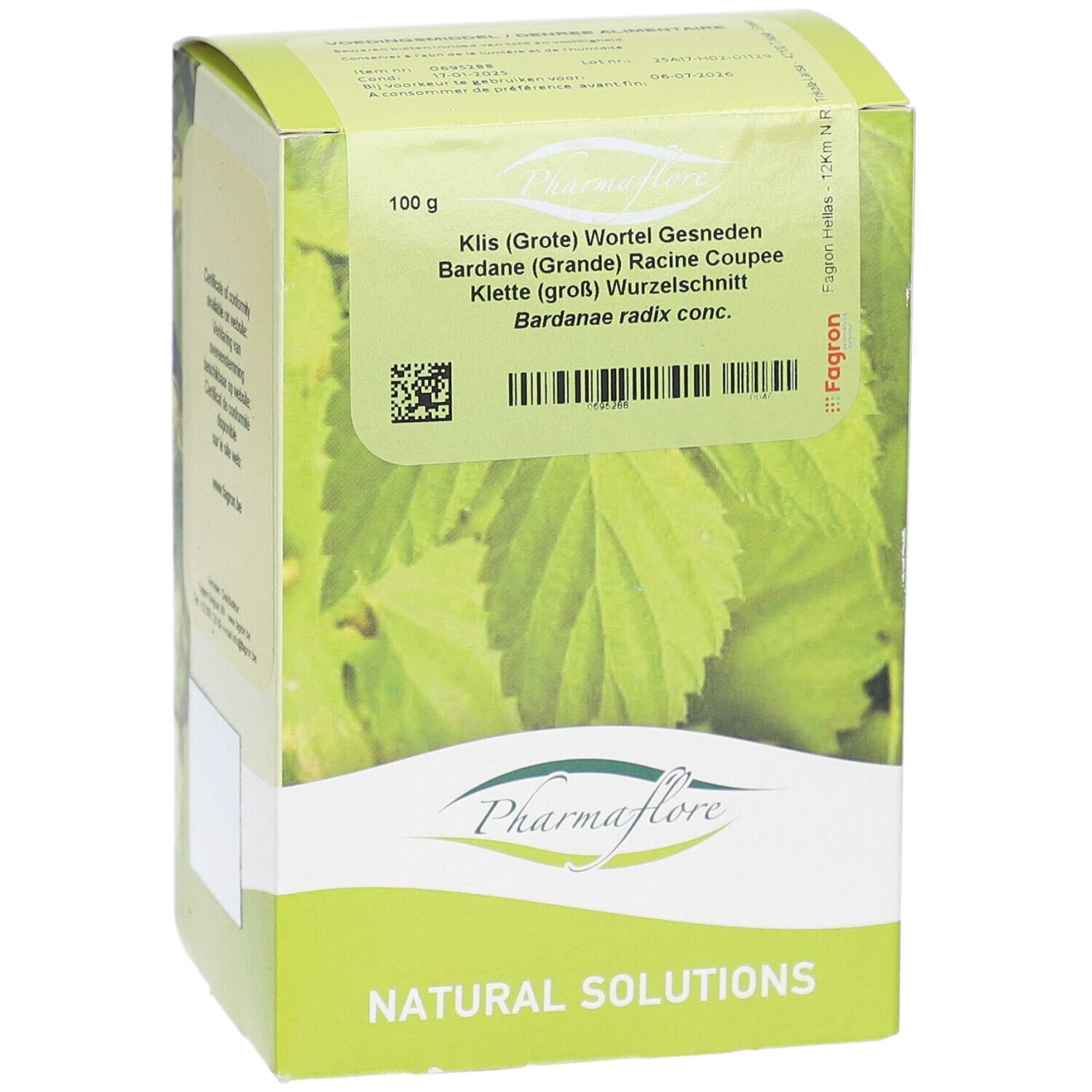 Pharmaflore-Box. Aufschrift: Klette (groß) Wurzelgeschnitten. 100 g. Grün-weißes Design mit Blättern.