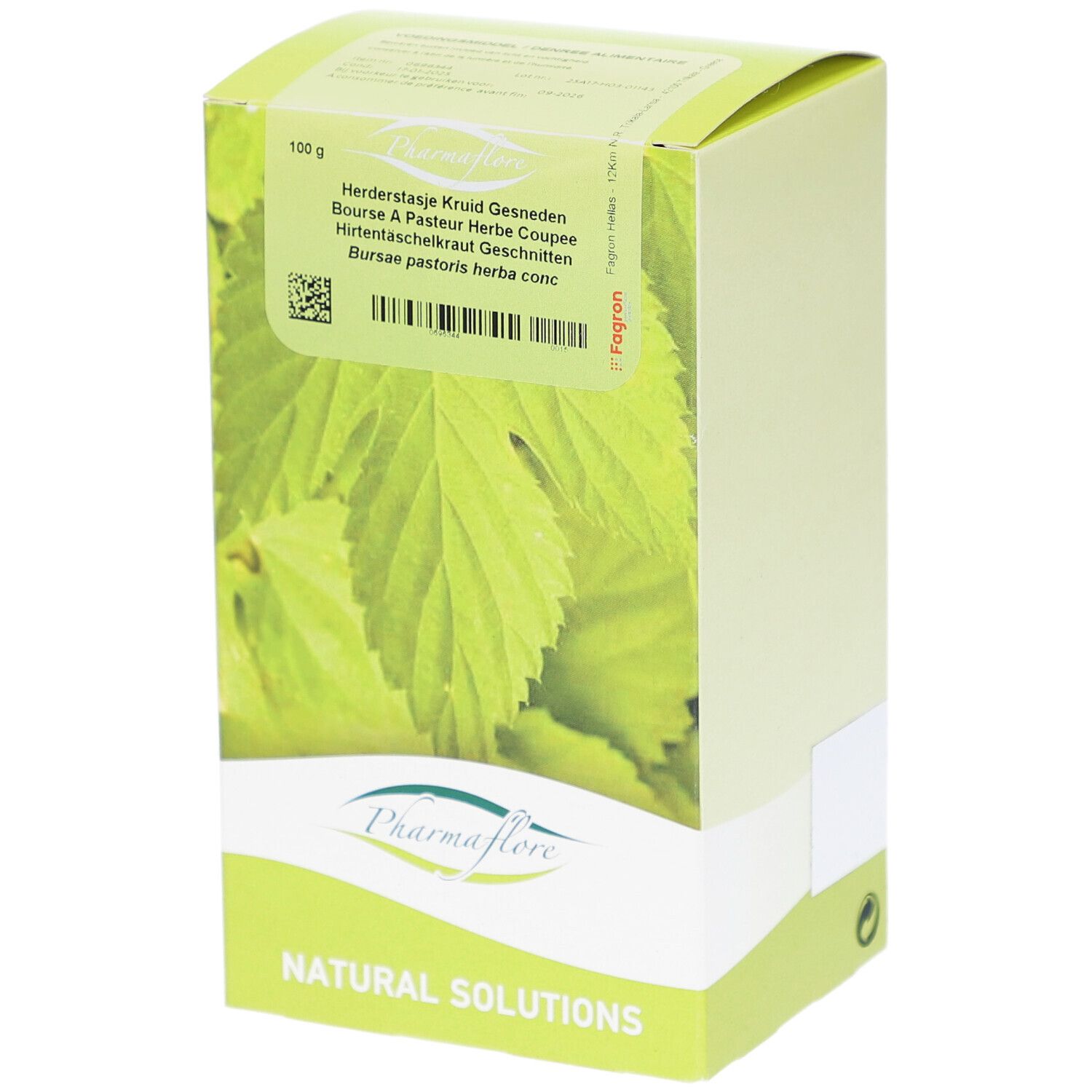 Grüne Schachtel mit Blättern und Text. Pharmaflore Logo. Text: Herderstasje Kruid Gesneden.