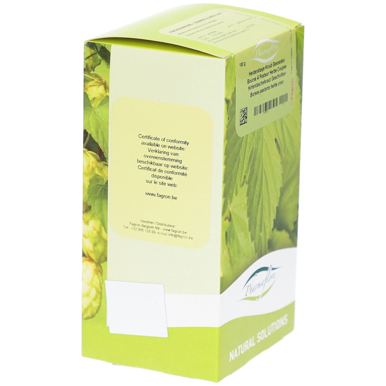 Grüne Schachtel, Rückseite mit Text. Text: Certificate of conformity. Pharmaflore Logo.
