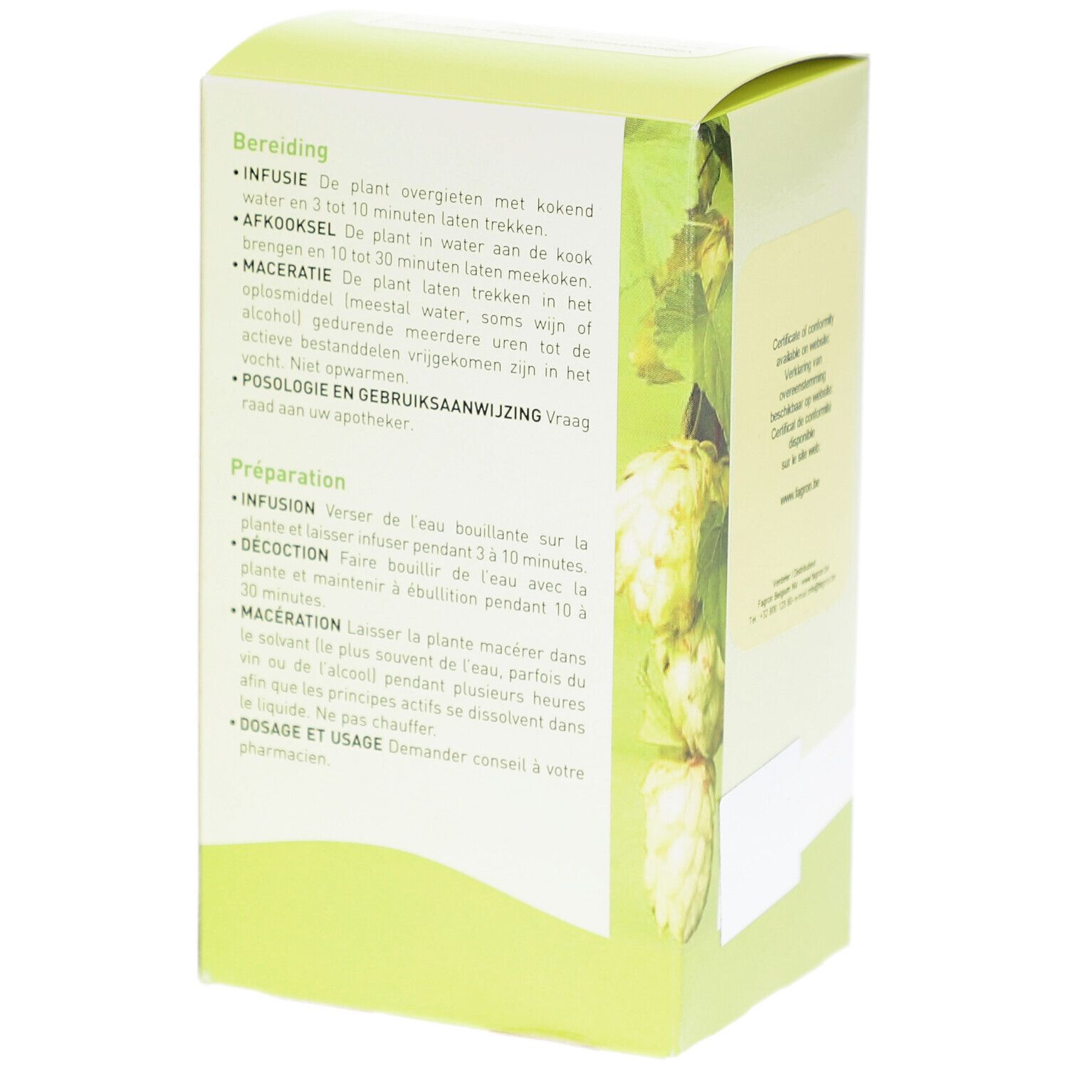 Grüne Schachtel, Seite mit Text. Text: Bereiding, Infusie, Afkooksel, Maceratie. Pharmaflore Logo.