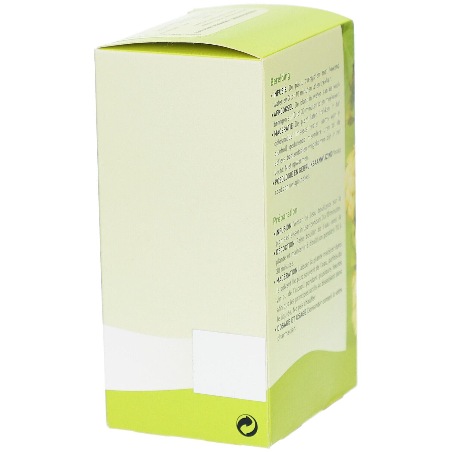 Grüne Schachtel, Seite mit Text. Text: Bereiding, Infusie, Afkooksel, Maceratie. Pharmaflore Logo.