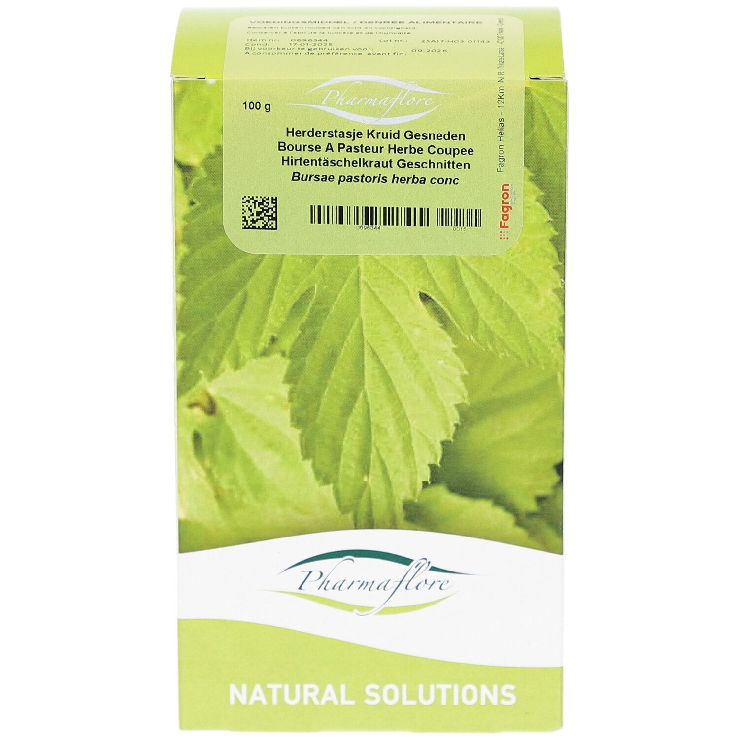 Grüne Schachtel mit Blättern und Text. Pharmaflore Logo. Text: Herderstasje Kruid Gesneden.