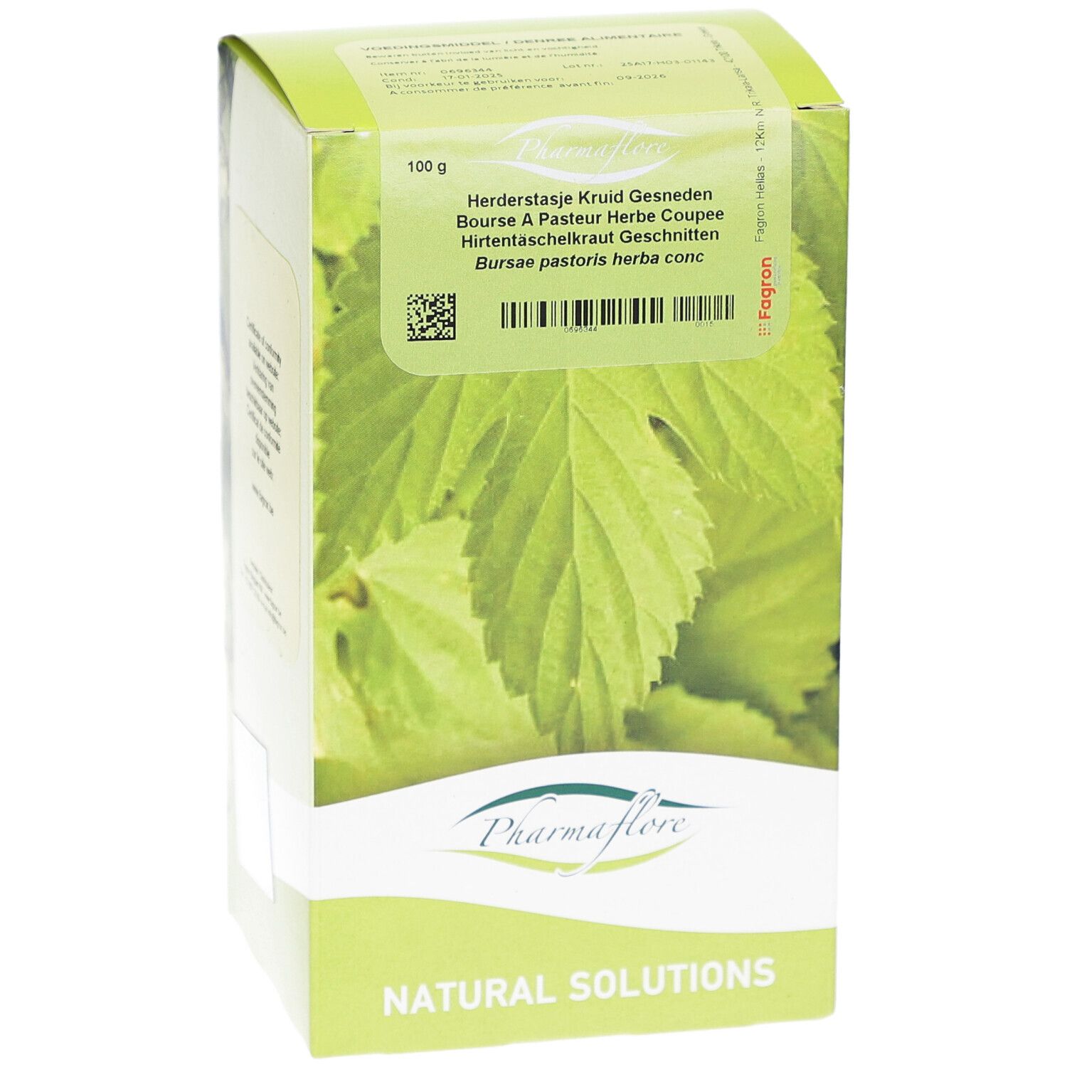 Grüne Schachtel mit Blättern und Text. Pharmaflore Logo. Text: Herderstasje Kruid Gesneden.