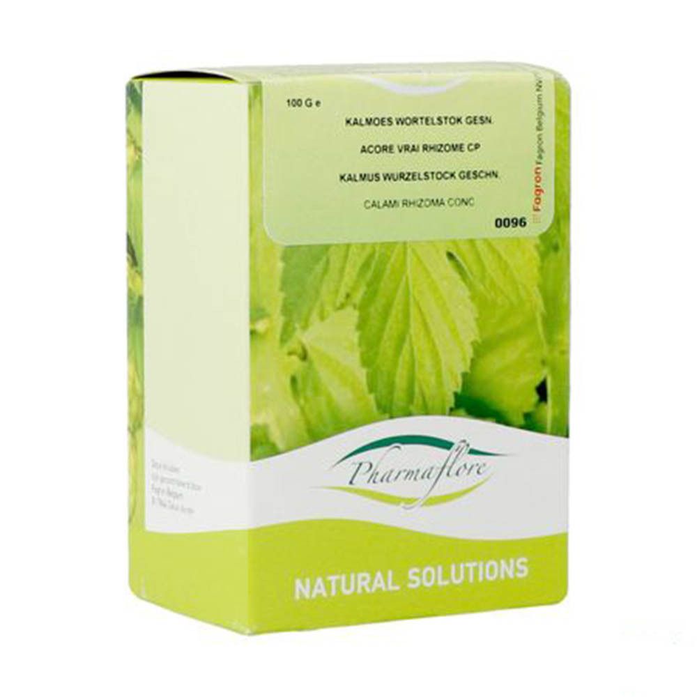 Boîte verte avec nom du produit et informations. Marque Pharmaflore. Inscription: Natural Solutions. 100g.