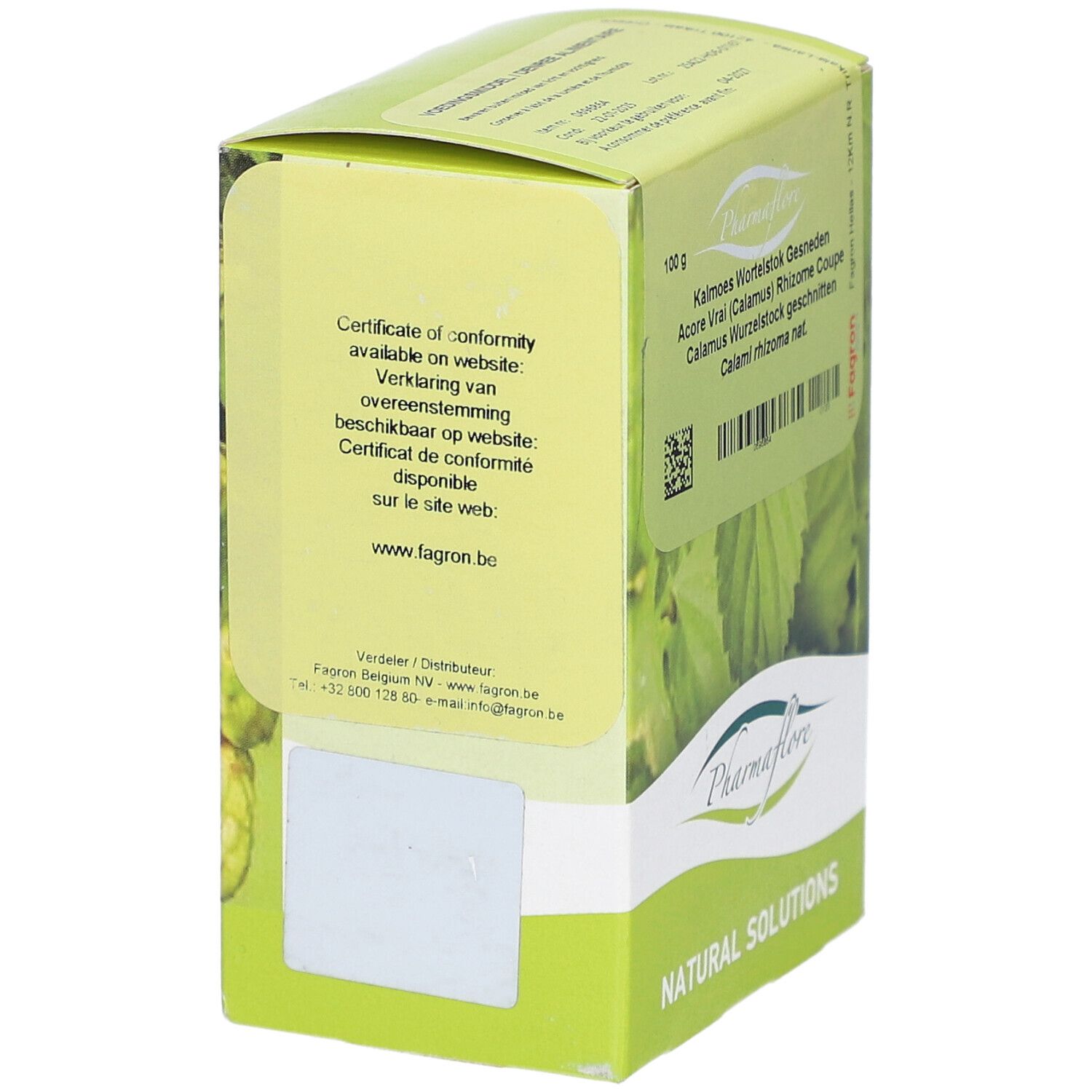 Grüne Schachtel, Seitenansicht. Text: Certificate of conformity available on website: www.fagron.be.